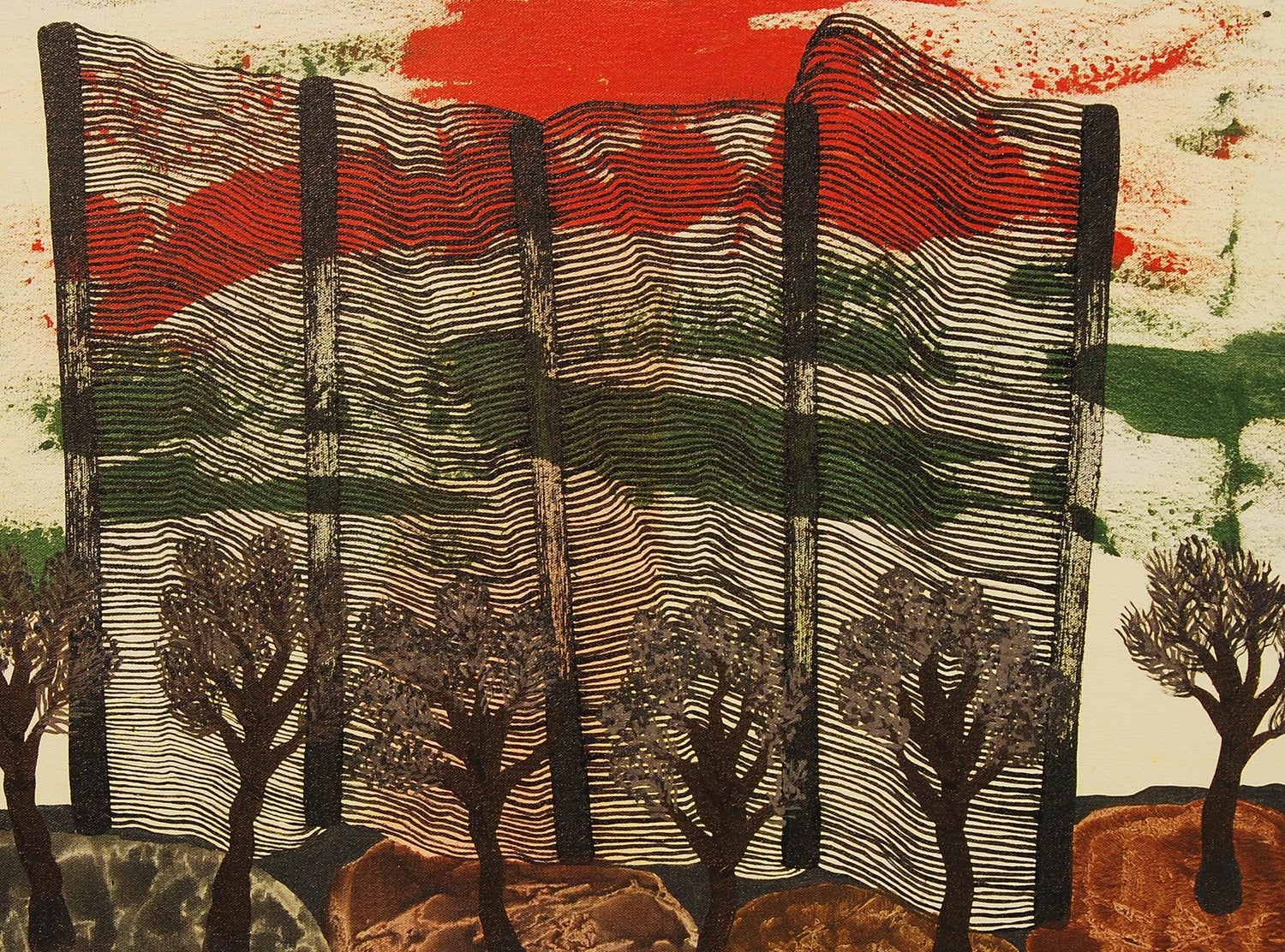 Partha Pratim Deb Abstract Painting Acrylic Red Green Brown