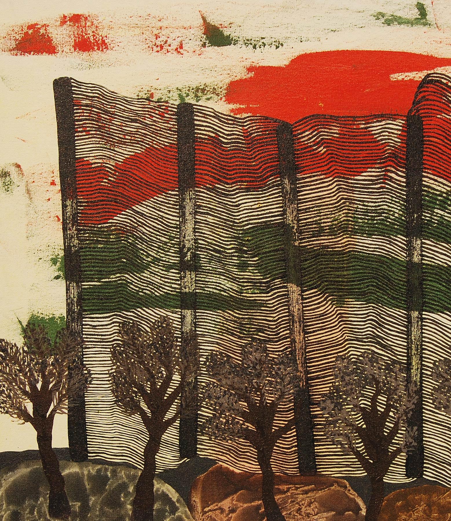 Peinture abstraite, acrylique, rouge, vert, marron, de l'artiste indien « en stock » - Moderne Painting par Partha Prathim Deb