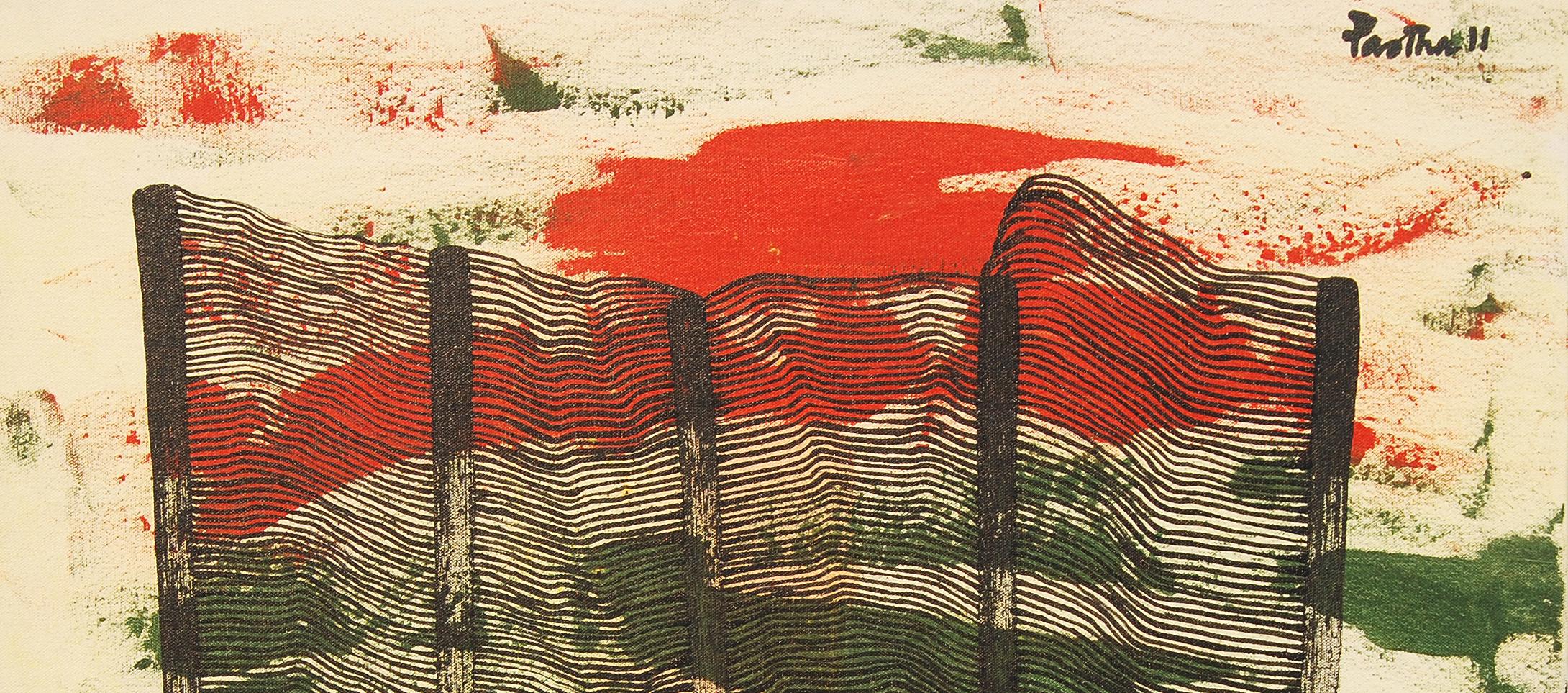 Peinture abstraite, acrylique, rouge, vert, marron, de l'artiste indien « en stock » en vente 1