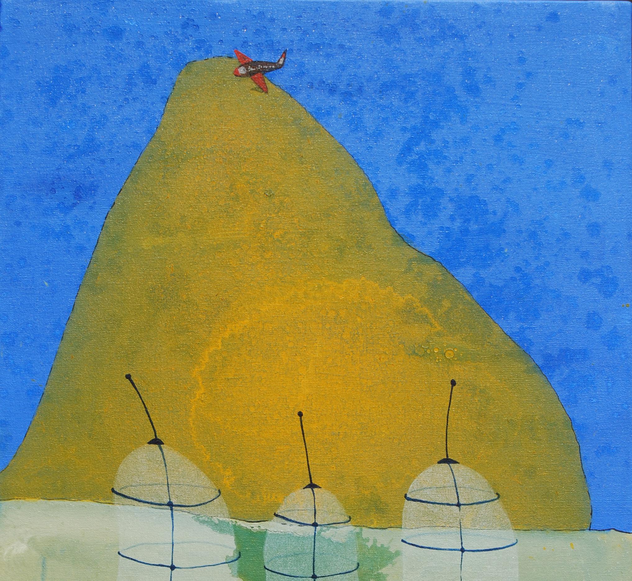 « Guerre ou paix », acrylique, technique mixte sur toile, couleurs bleue, jaune, rouge « en stock » - Moderne Mixed Media Art par Partha Prathim Deb