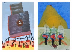 War or Peace, Pair of works, Acrylic, Mixed Media on Canvas, Blue, Red"In Stock"