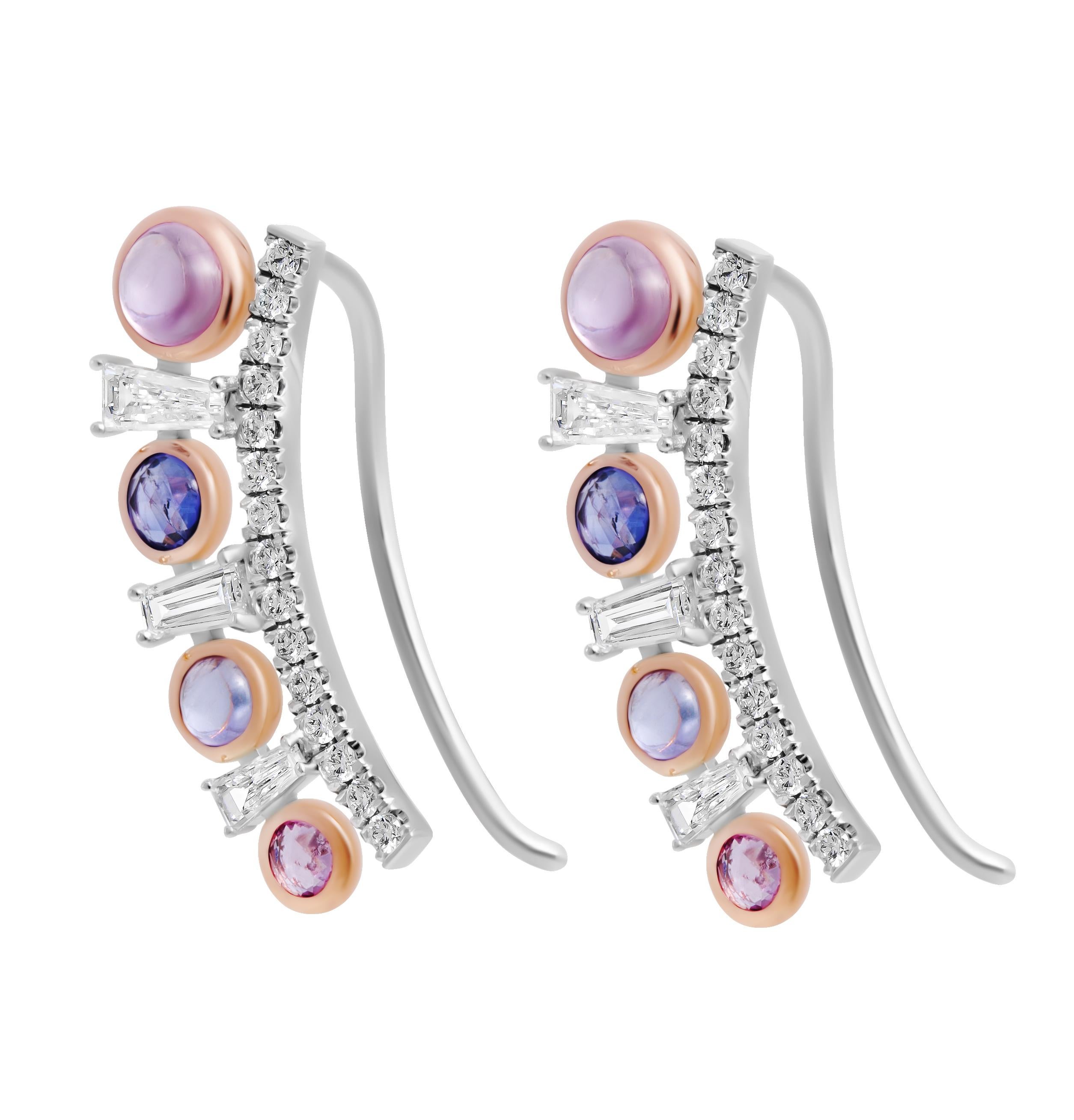 Parti Color Sapphire and Diamond Climber Earrings in 14K White & Rose Gold
Diamonds totaling 0.45ct 
Sapphires are Cabochon & Rose Cut totaling 2ct
about 1'' big