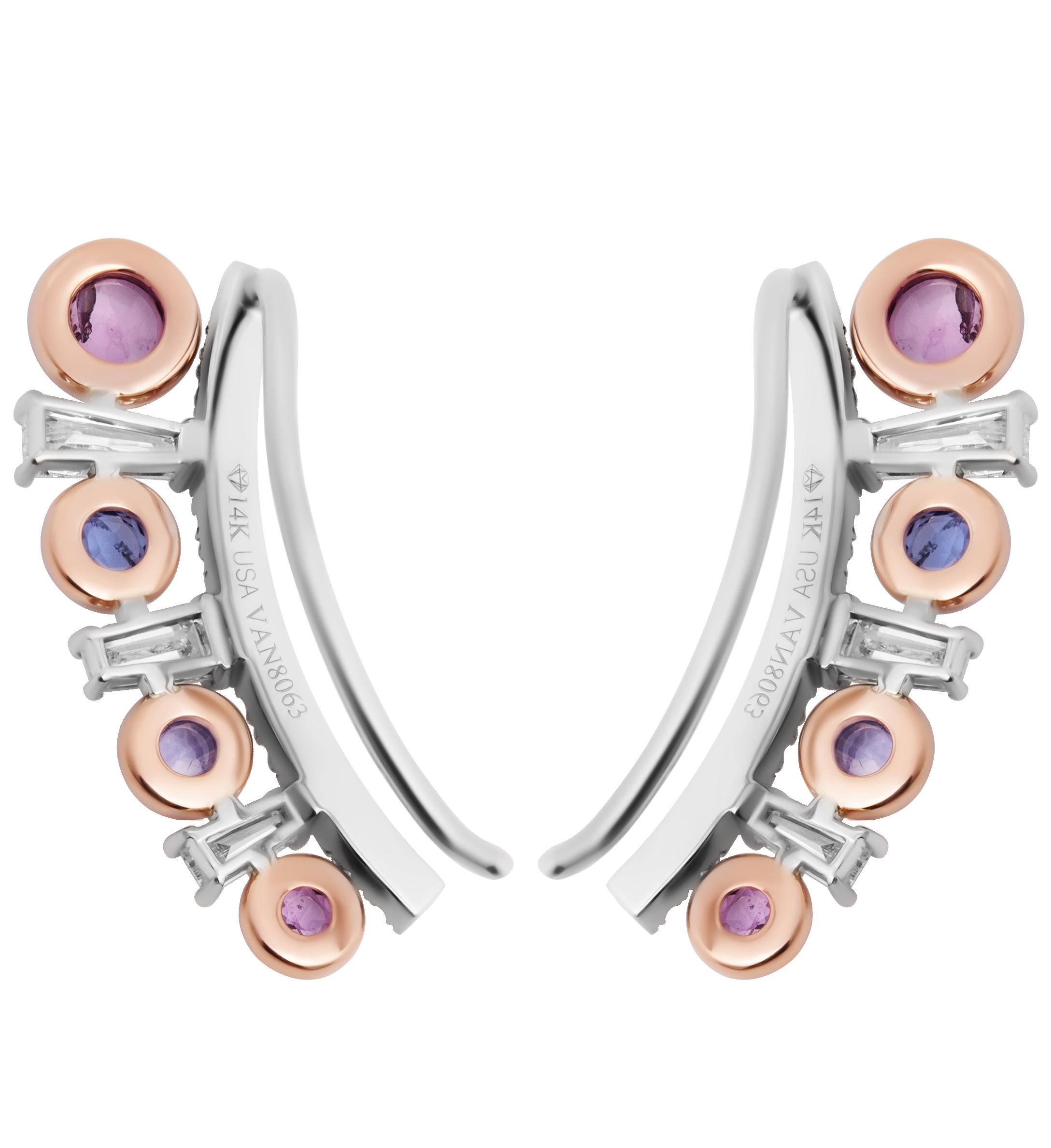 Cabochon Parti Color Sapphire and Diamond Climber Earrings For Sale