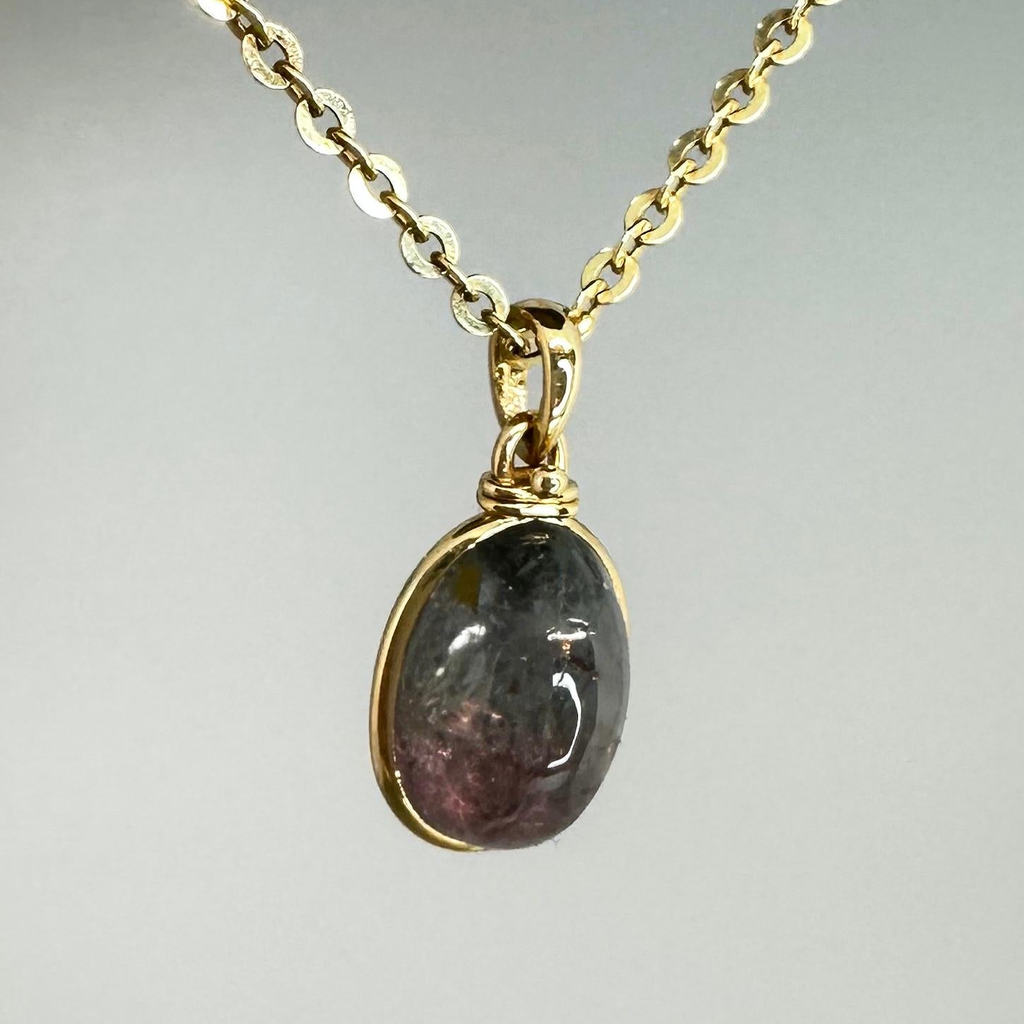 Cabochon Parti-colored upcycled tourmaline cabochon and 14k yellow gold pendant necklace  For Sale