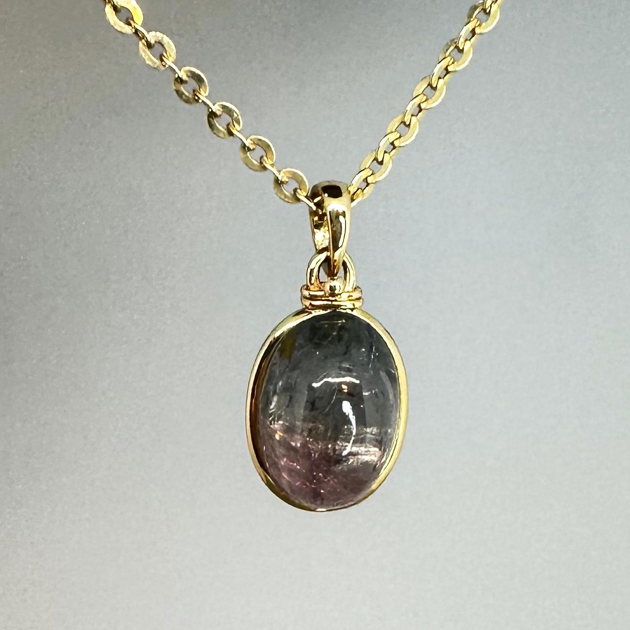 Parti-colored upcycled tourmaline cabochon and 14k yellow gold pendant necklace  In New Condition For Sale In Seattle, WA