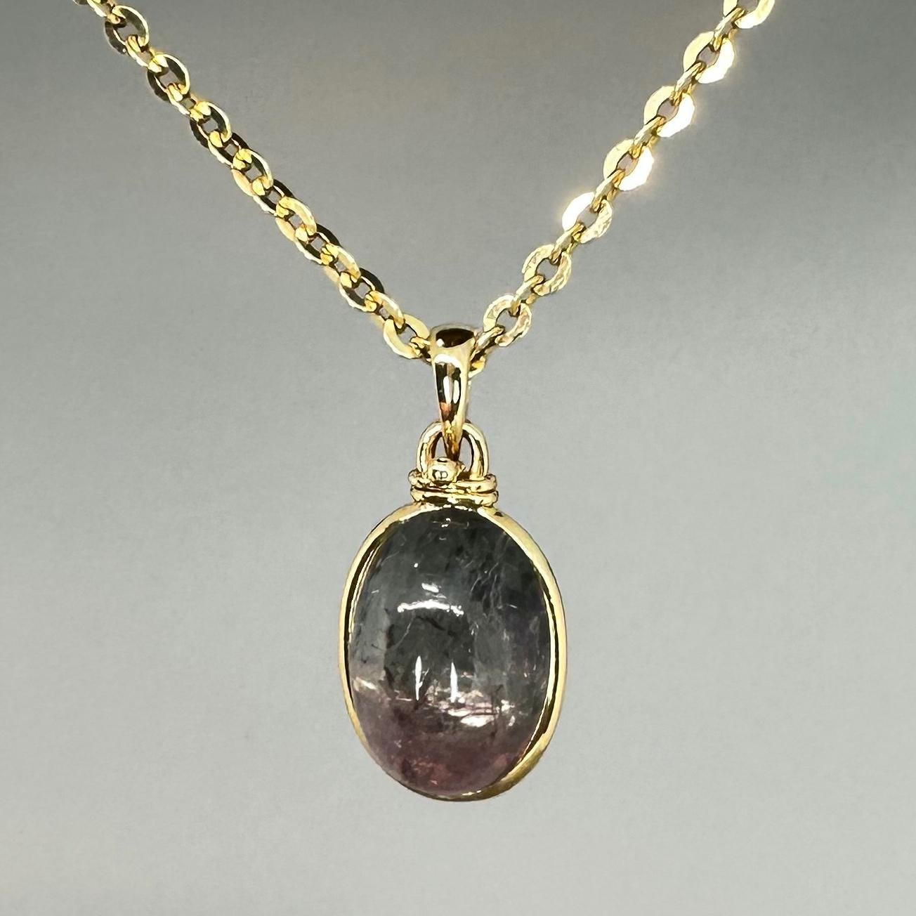 Women's or Men's Parti-colored upcycled tourmaline cabochon and 14k yellow gold pendant necklace  For Sale