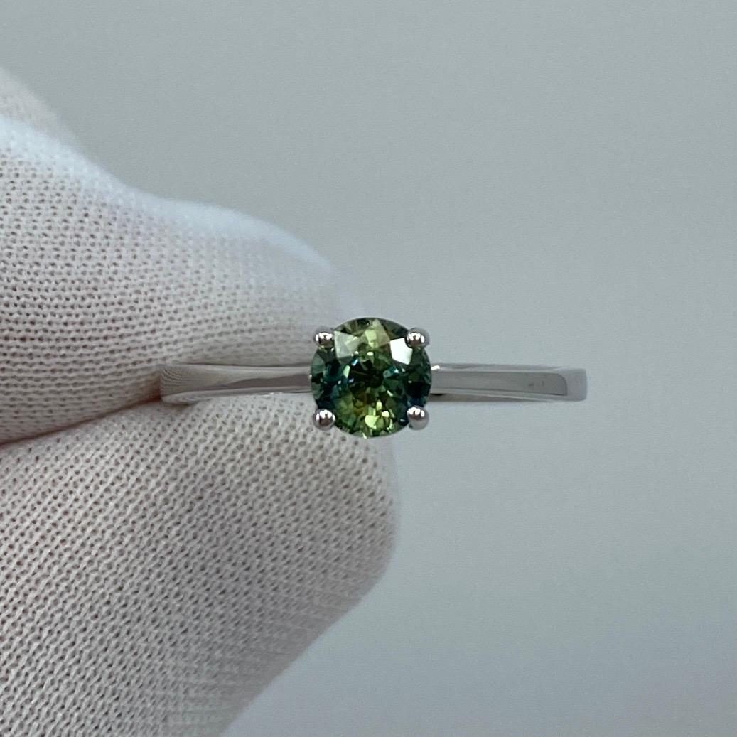 Parti Colour Green Blue Australian Sapphire Round 18k White Gold Solitaire Ring.

Un saphir australien unique de 0,75 carat avec un effet de couleur vert-bleu parti étonnant. Excellente clarté, pierre très propre avec seulement quelques petites
