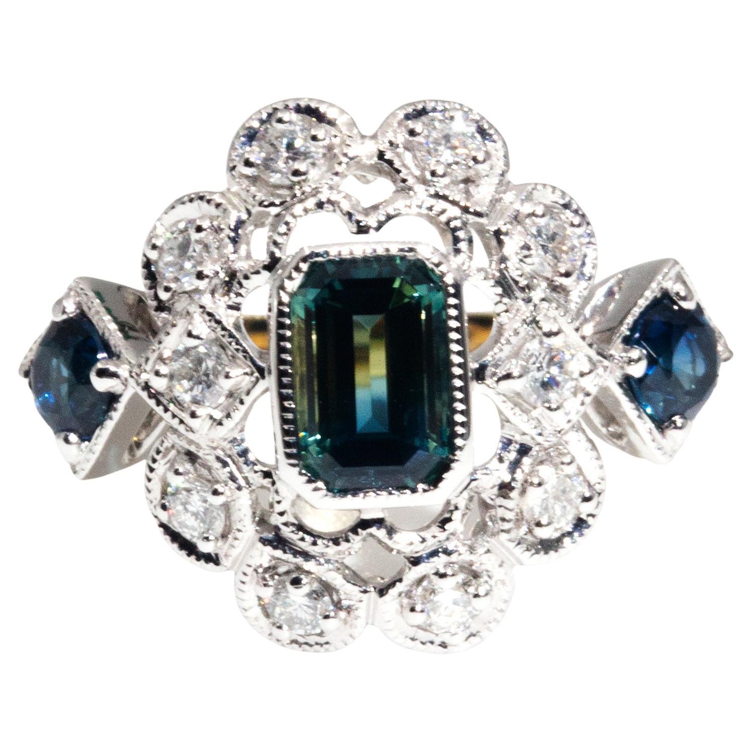 Parti Sapphire and Diamond Contemporary 18 Carat Yellow Gold Cluster Ring 