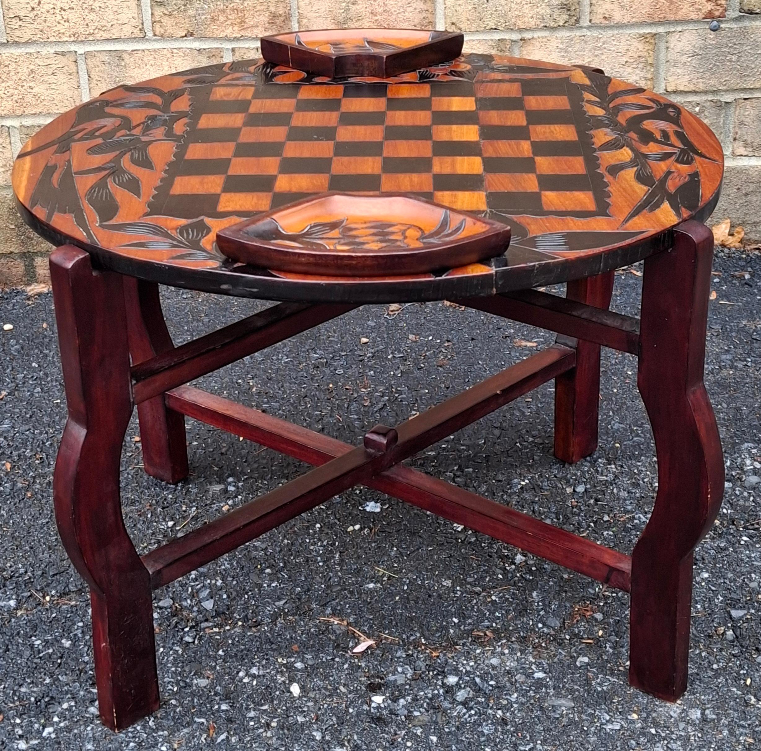 Modern Partial Ebonized Carved Wood Double Sided Game Table on Folding Stand For Sale