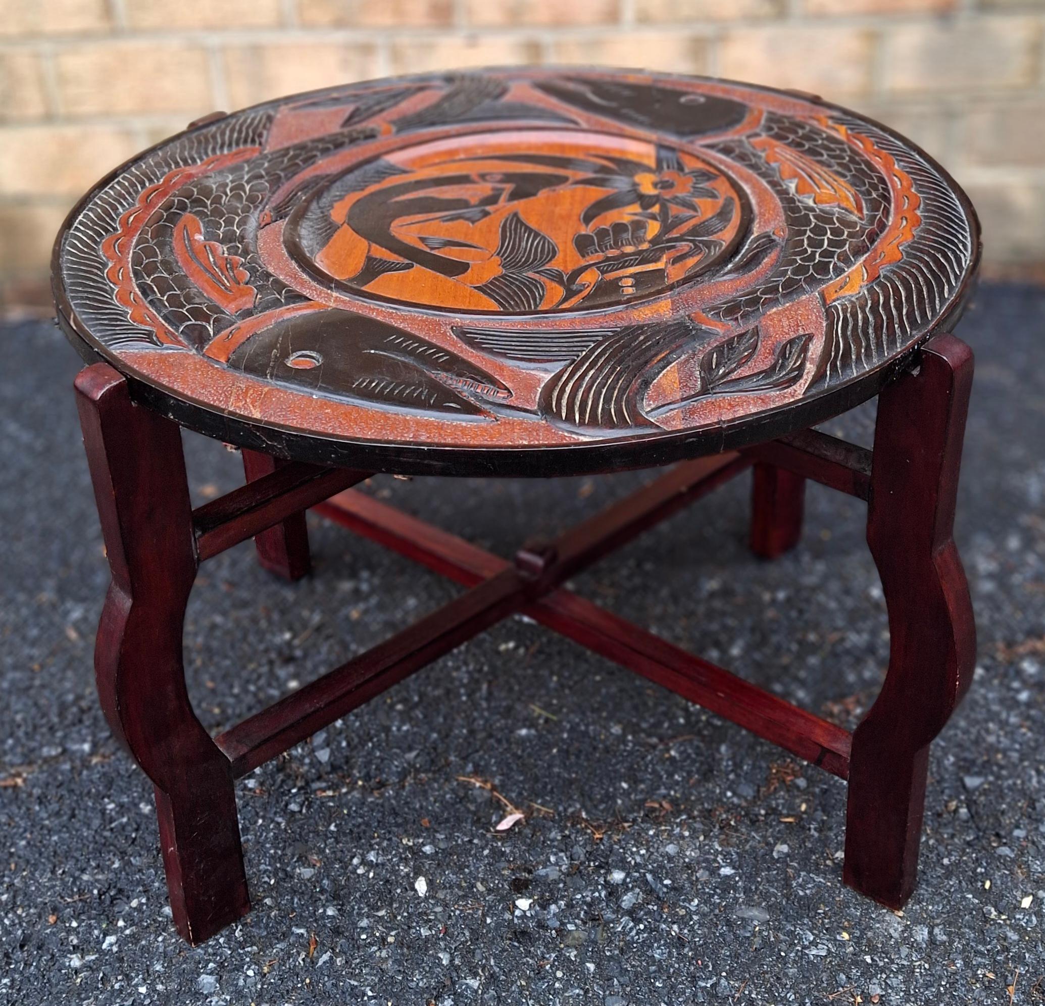 Partial Ebonized Carved Wood Double Sided Game Table on Folding Stand In Good Condition For Sale In Germantown, MD