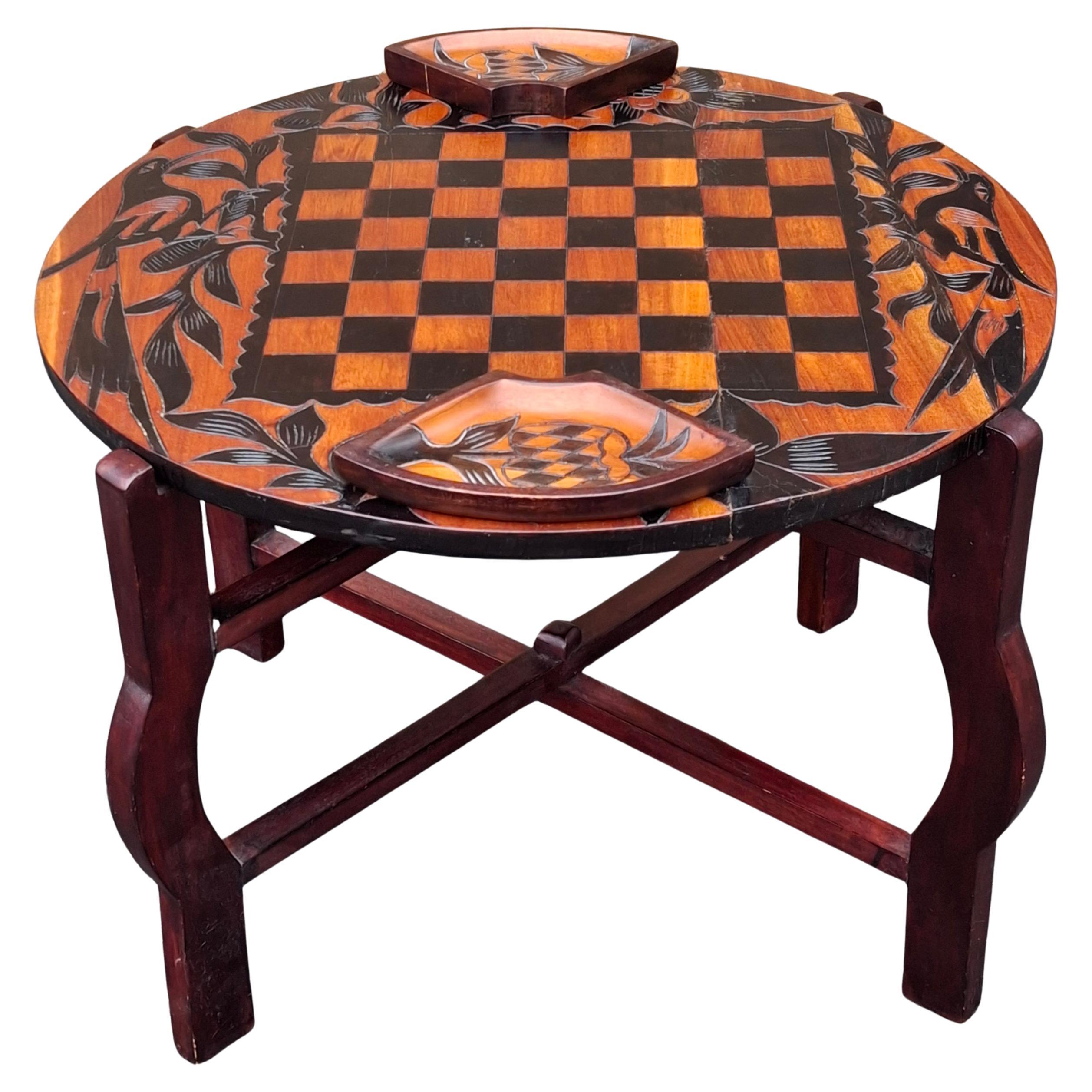 Partial Ebonized Carved Wood Double Sided Game Table on Folding Stand