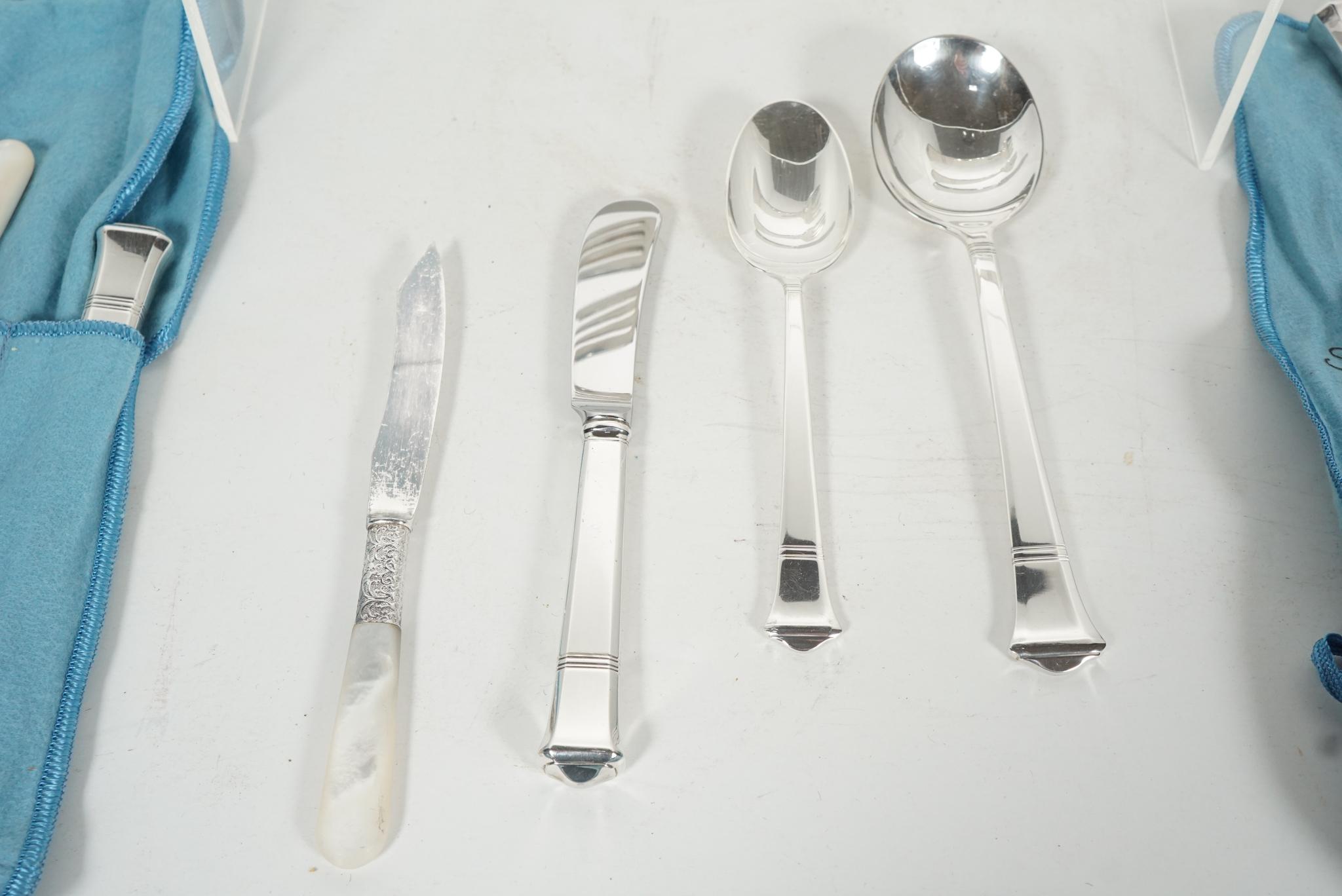 American Partial Tiffany Windham Sterling Silver Flatware with 6 Wm Rogers Fish Knives For Sale