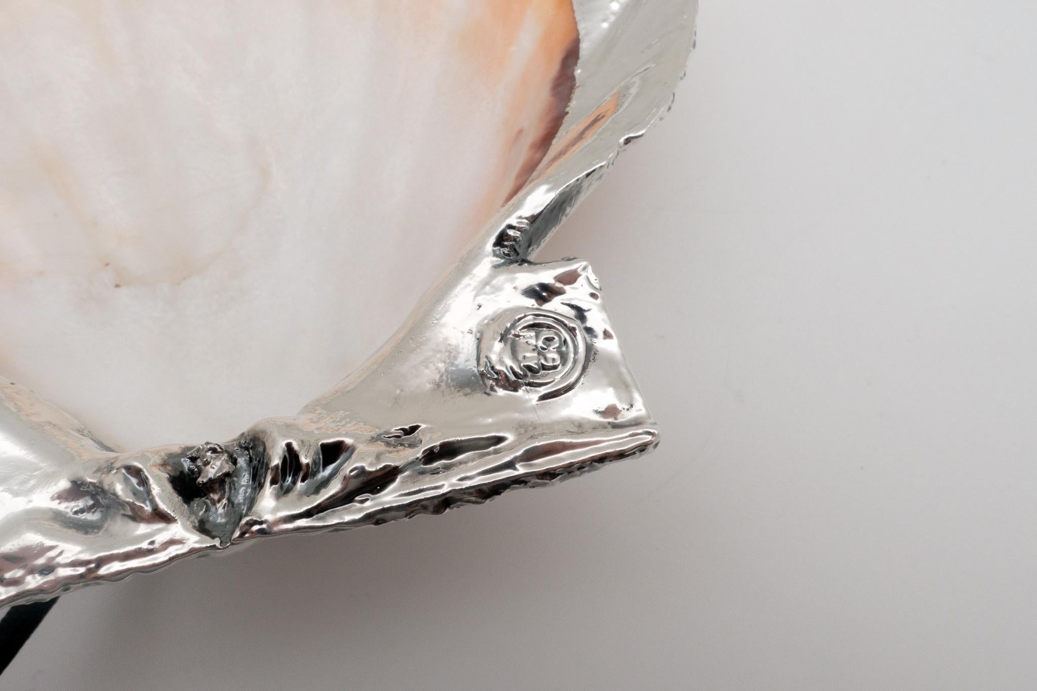 Partially silvered pecten shell made in Rome, Italy, exclusively for Creel and Gow. It is the symbol of pilgrims on the way to Santiago de Compostella in Northern Spain and of their patron saint James. It is an ideal vide poche for your desk or a