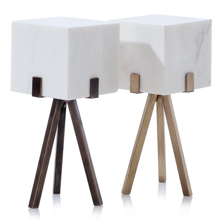 Modern Particle Table Lamp by on.entropy, in Seamless White Marble and Bronze For Sale