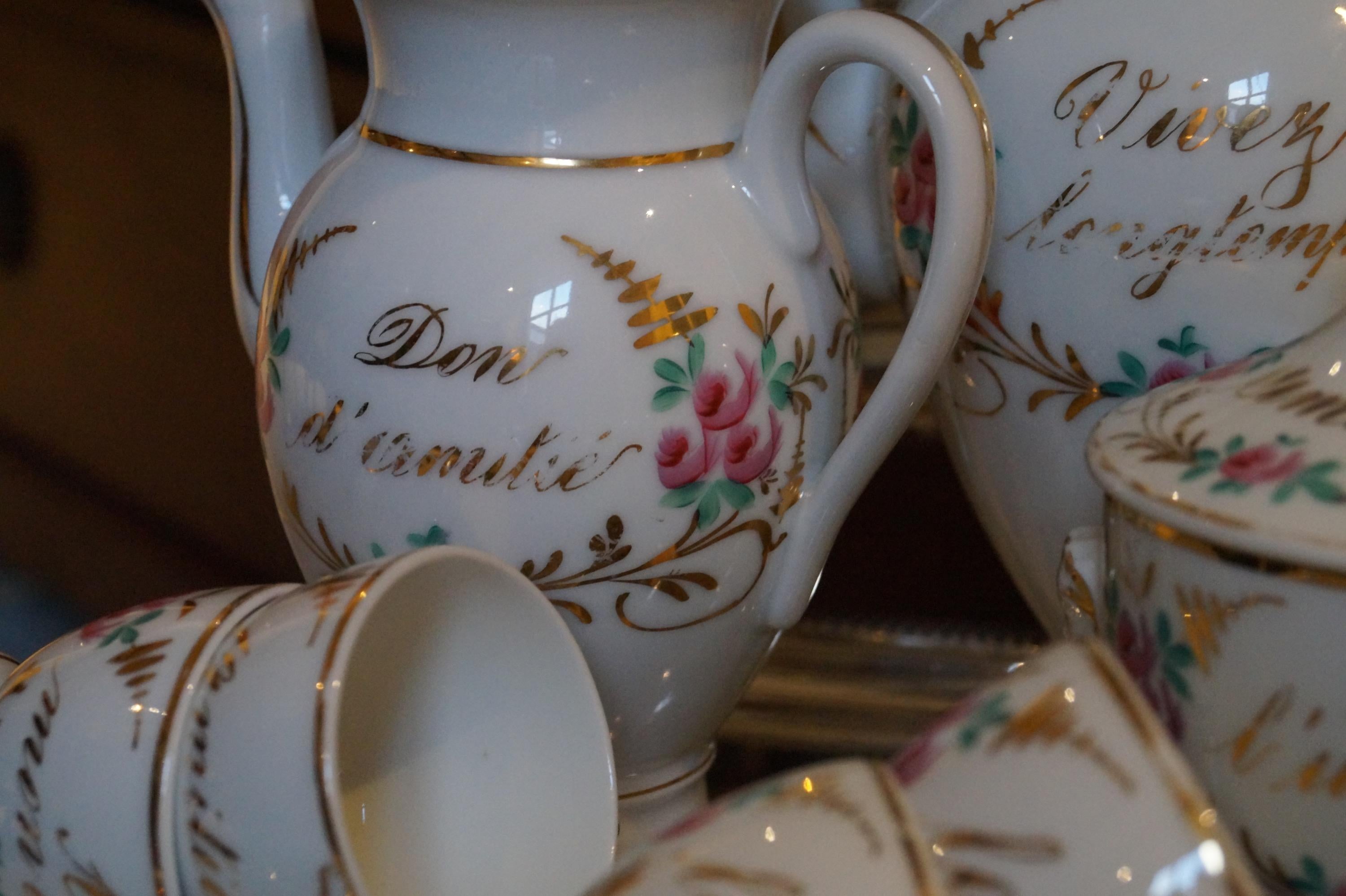 French Particular and Rare Old Paris Hand-Painted Porcelain Coffee Tea Service, France For Sale