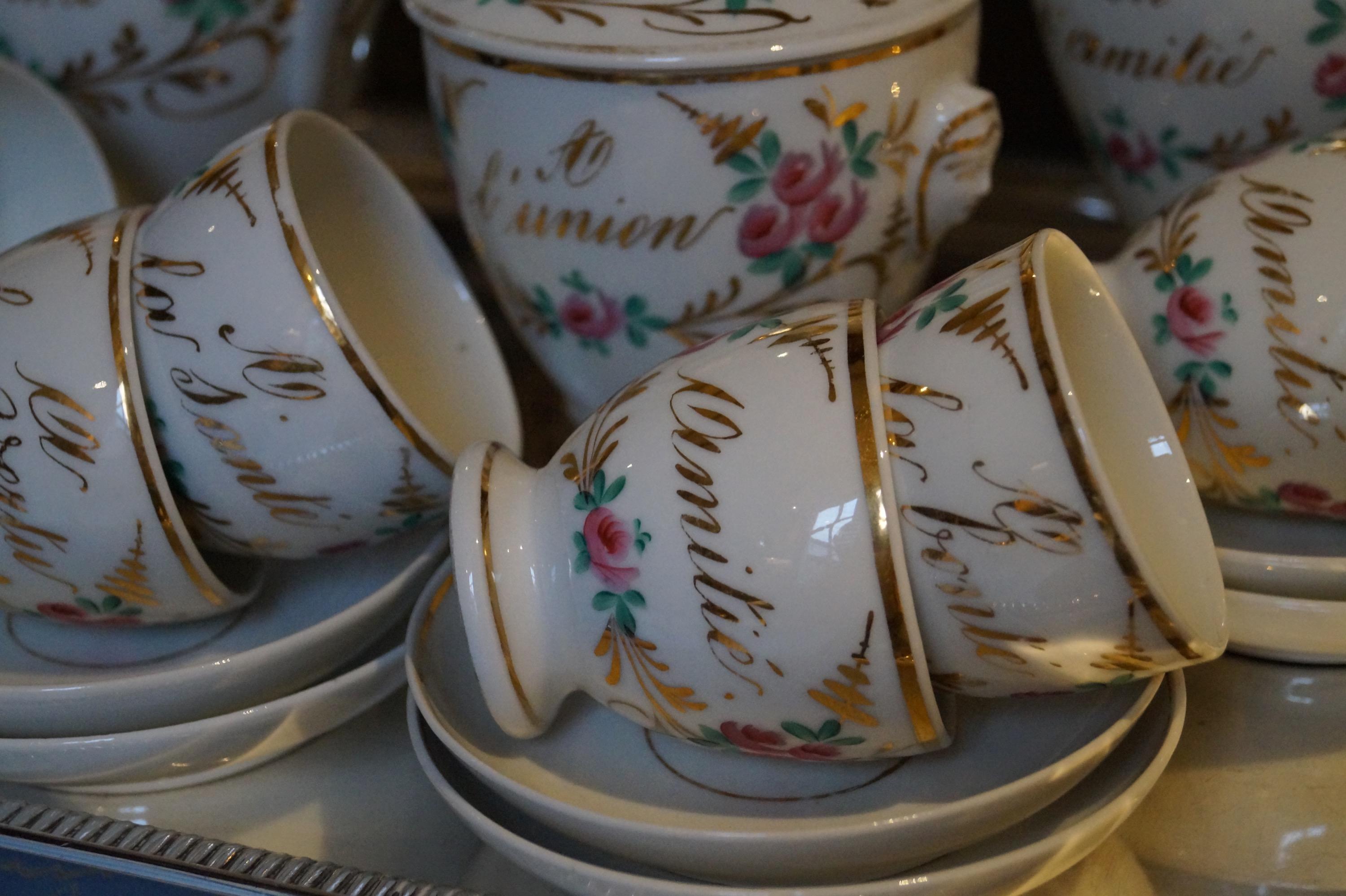 Particular and Rare Old Paris Hand-Painted Porcelain Coffee Tea Service, France For Sale 1