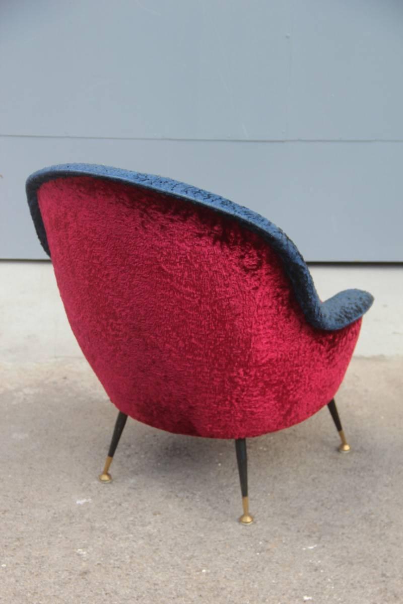 Mid-Century Modern Armchair Italian Design 1950s Peluche Blue Red  In Good Condition In Palermo, Sicily
