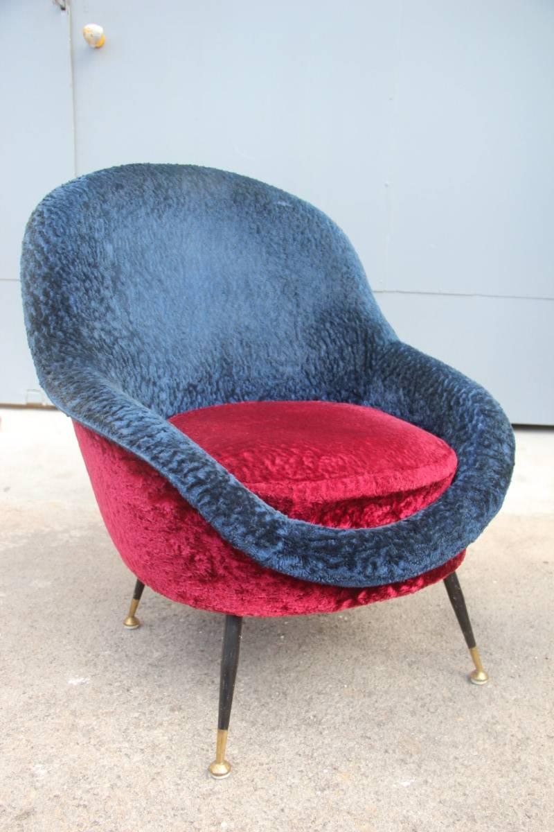 Mid-Century Modern Armchair Italian Design 1950s Peluche Blue Red  2