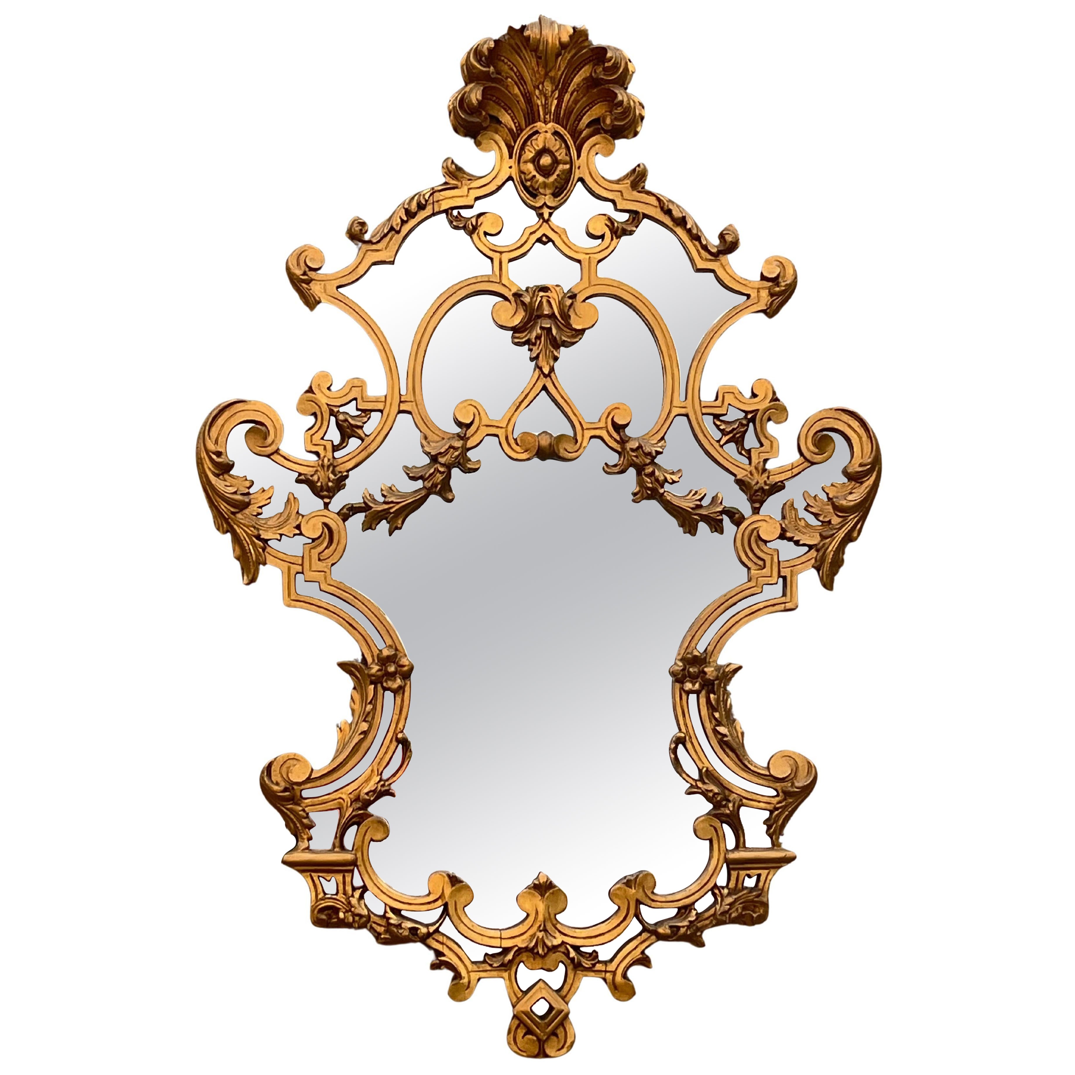 Miroir mural français particulier du milieu du siècle en Wood Wood doré, années 1950