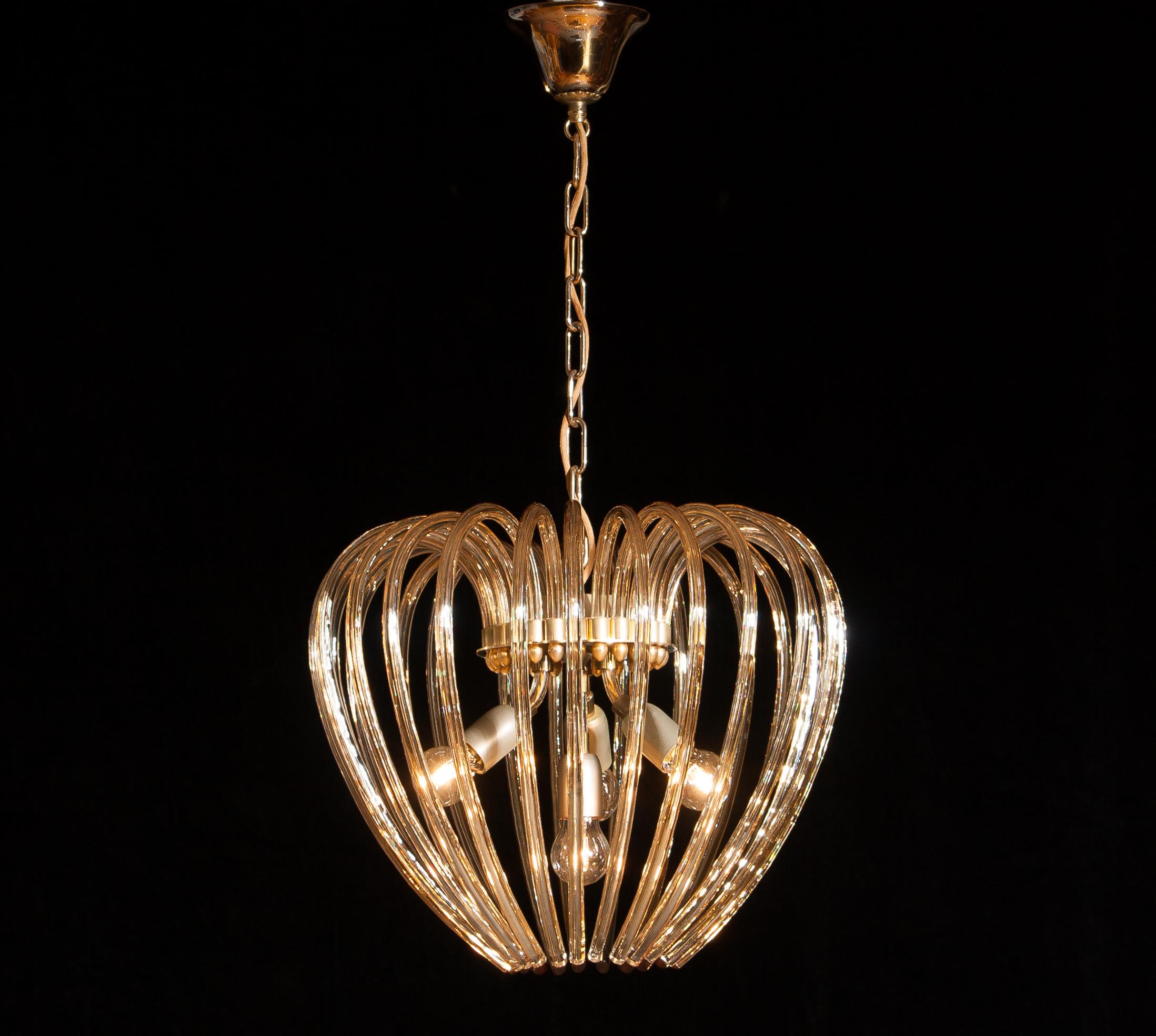 Partly Gilded and Brass and Crystal Venini Murano Pendant Chandelier Italy 1960s 3