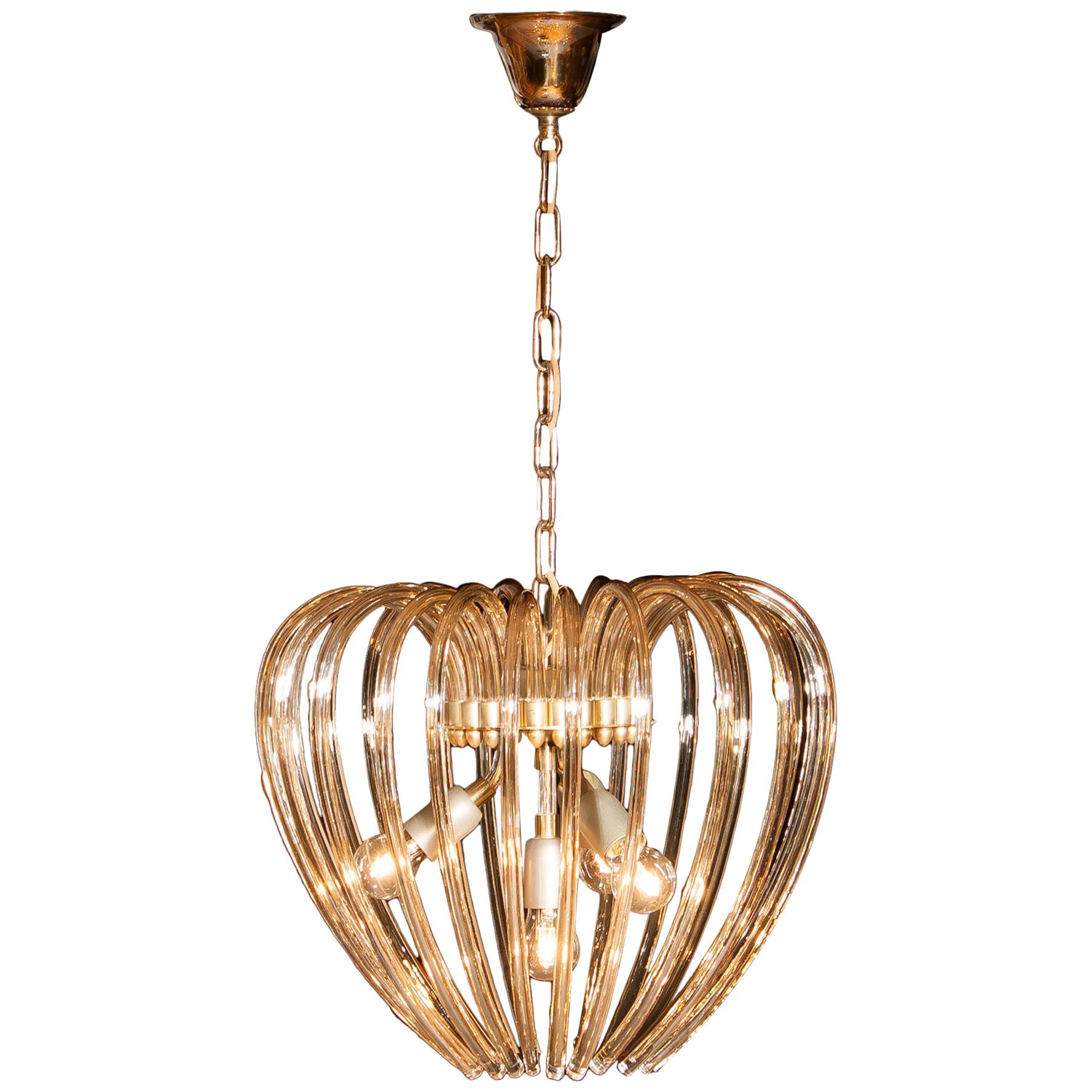 Partly Gilded and Brass and Crystal Venini Murano Pendant Chandelier Italy 1960s