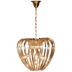Partly Gilded and Brass and Crystal Venini Murano Pendant Chandelier Italy 1960s
