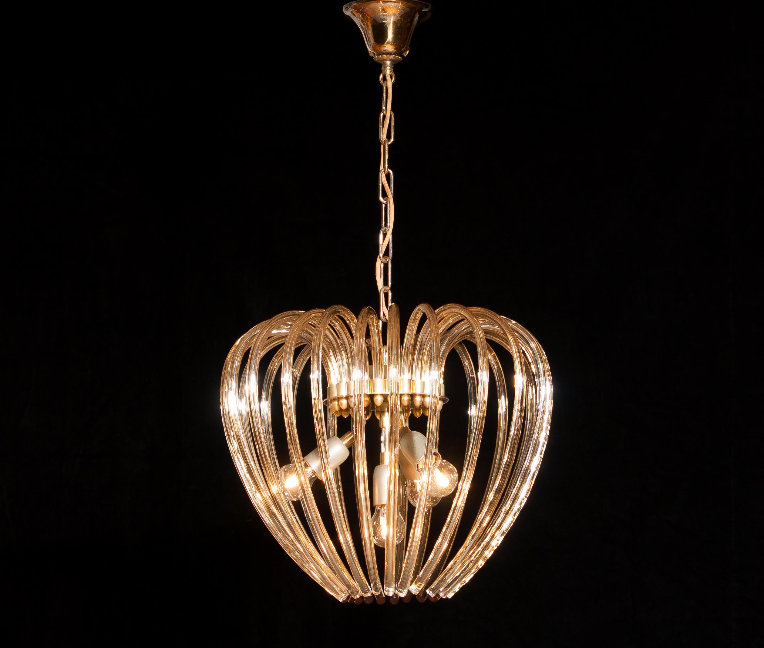 Italian Partly Gilded and Brass and Crystal Venini Murano Pendant Chandelier, Italy