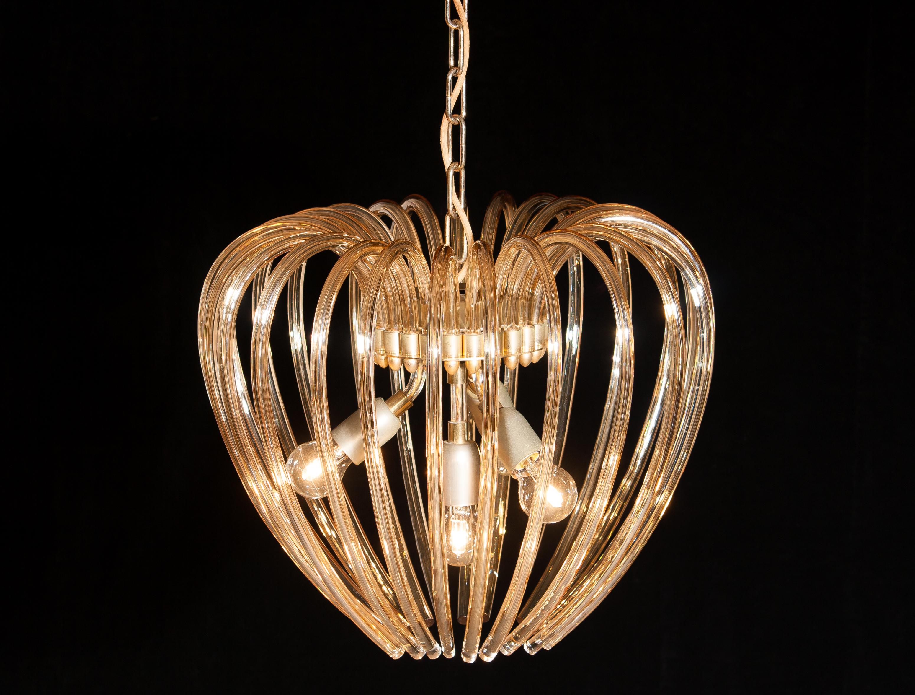 Partly Gilded and Brass and Crystal Venini Murano Pendant Chandelier, Italy 1