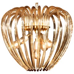 Partly Gilded and Brass and Crystal Venini Murano Pendant Chandelier, Italy
