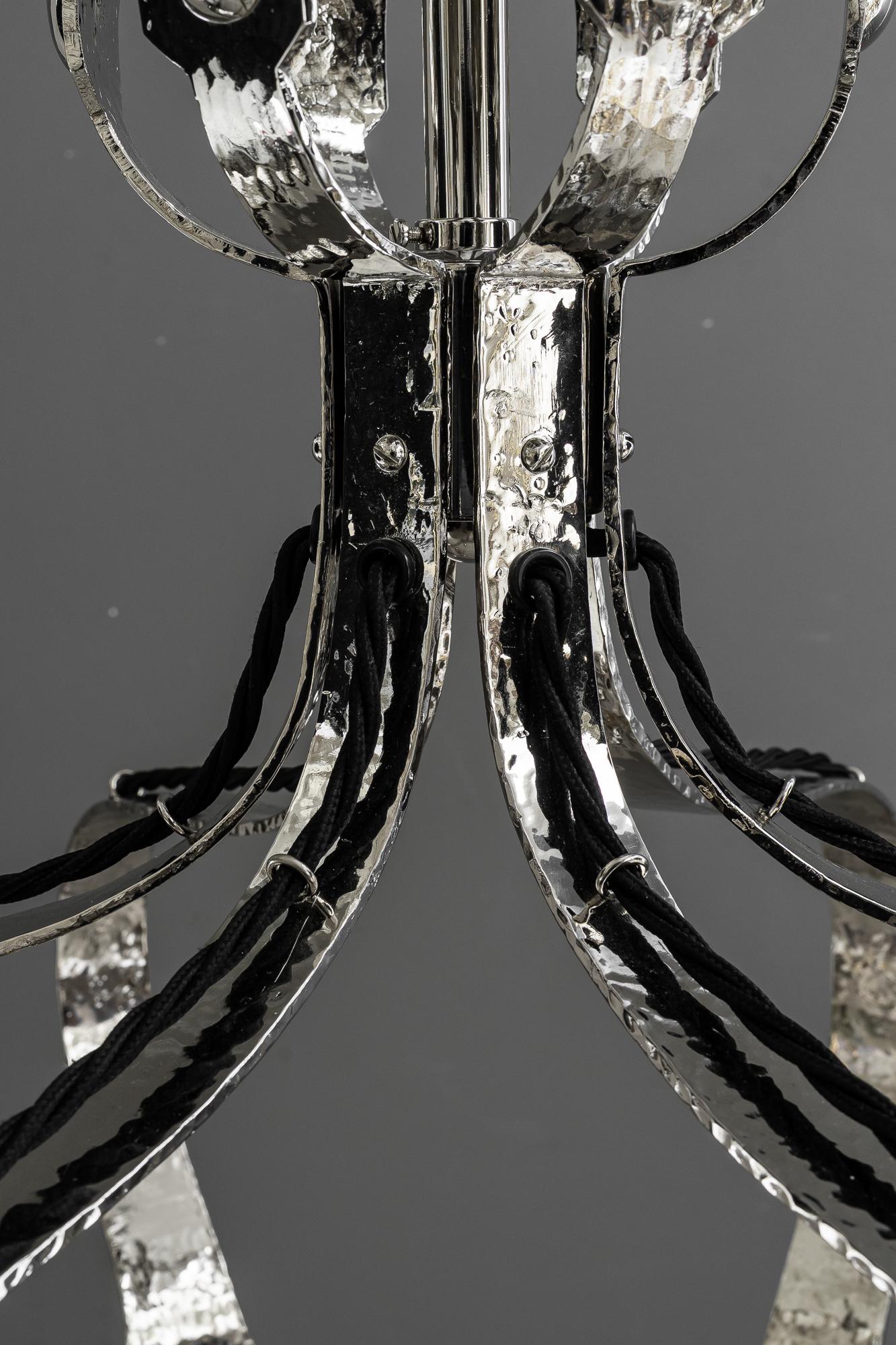 Partly hammered jugendstil copper (nickel - plated) chandelier around 1908 For Sale 4