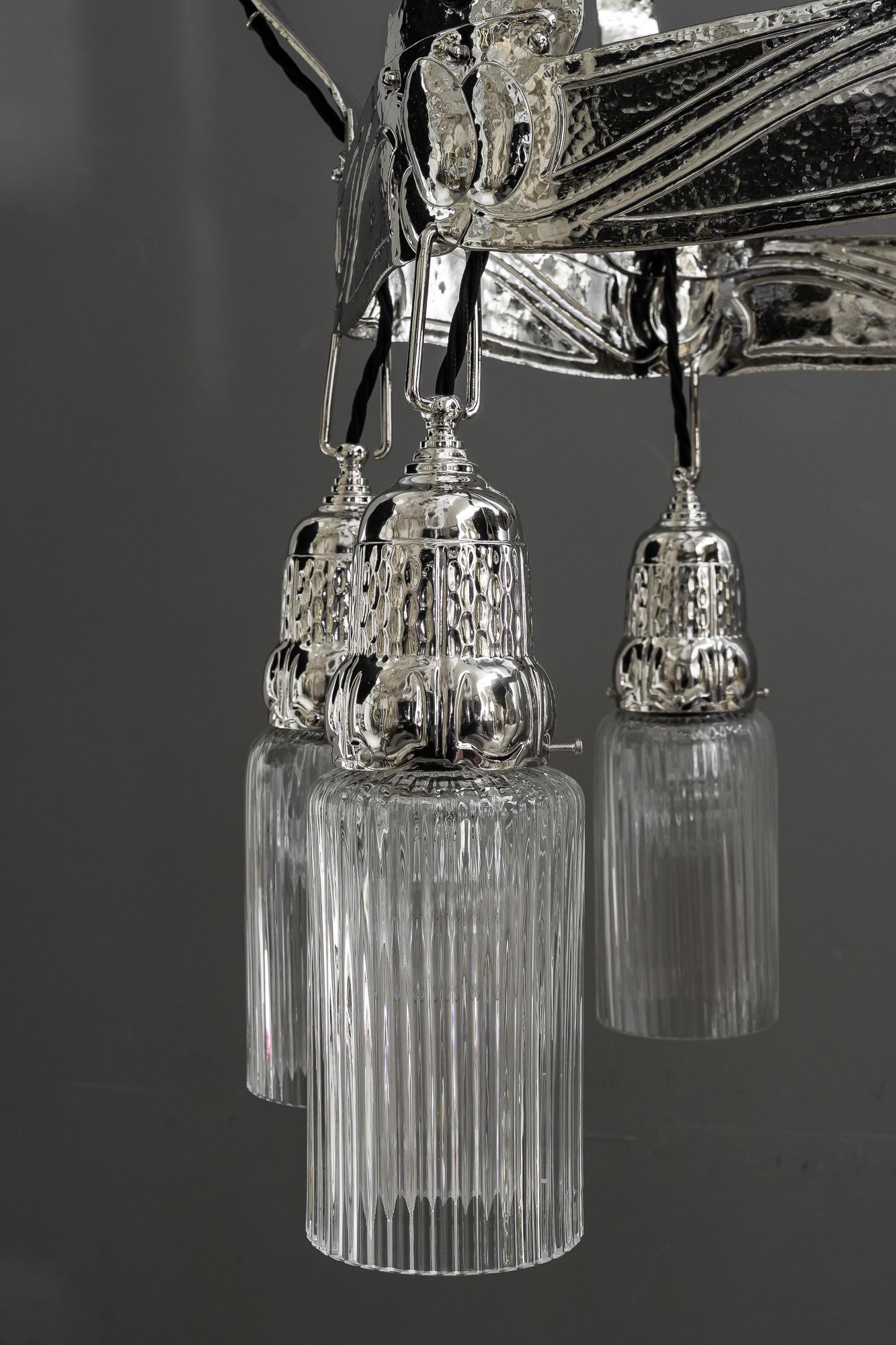 Partly hammered jugendstil copper (nickel - plated) chandelier around 1908 For Sale 5