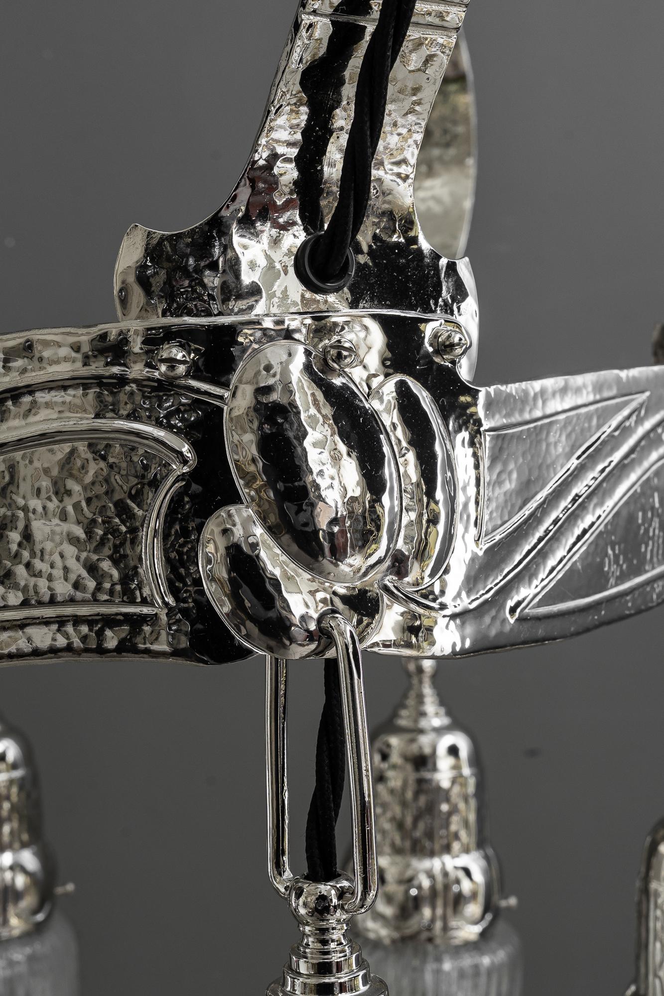 Partly hammered jugendstil copper (nickel - plated) chandelier around 1908 For Sale 6
