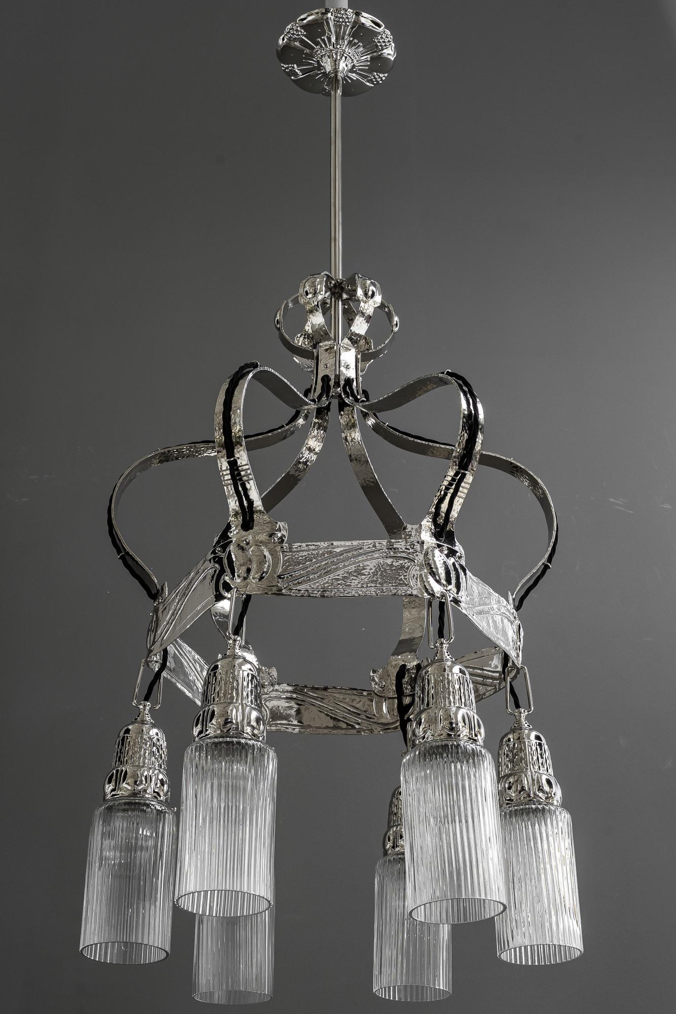 Partly hammered jugendstil copper (nickel - plated) chandelier around 1908 For Sale 7