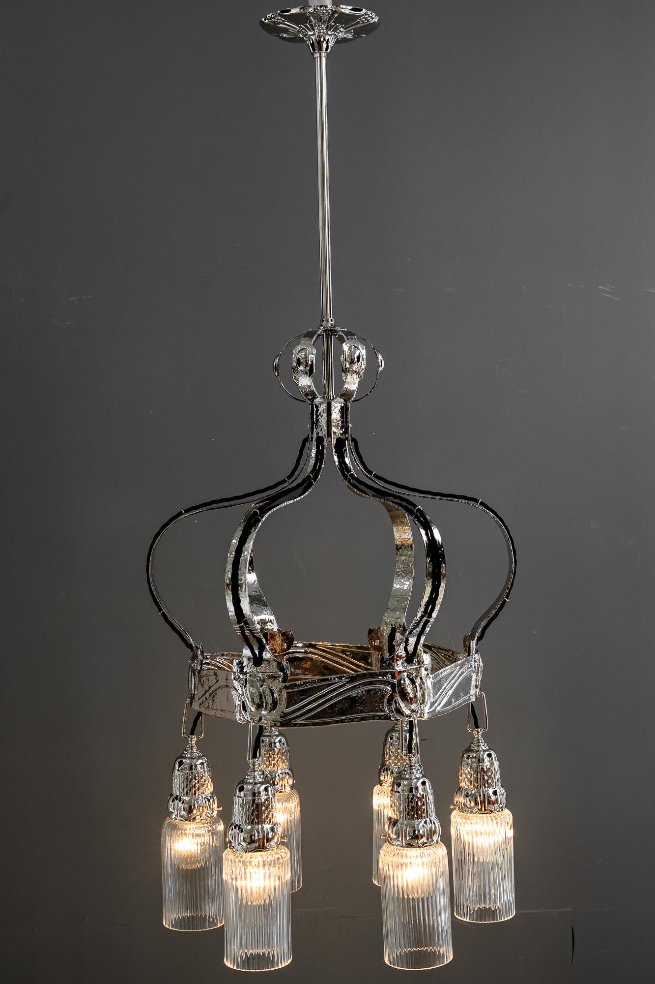 Partly hammered jugendstil copper (nickel - plated) chandelier around 1908 For Sale 8
