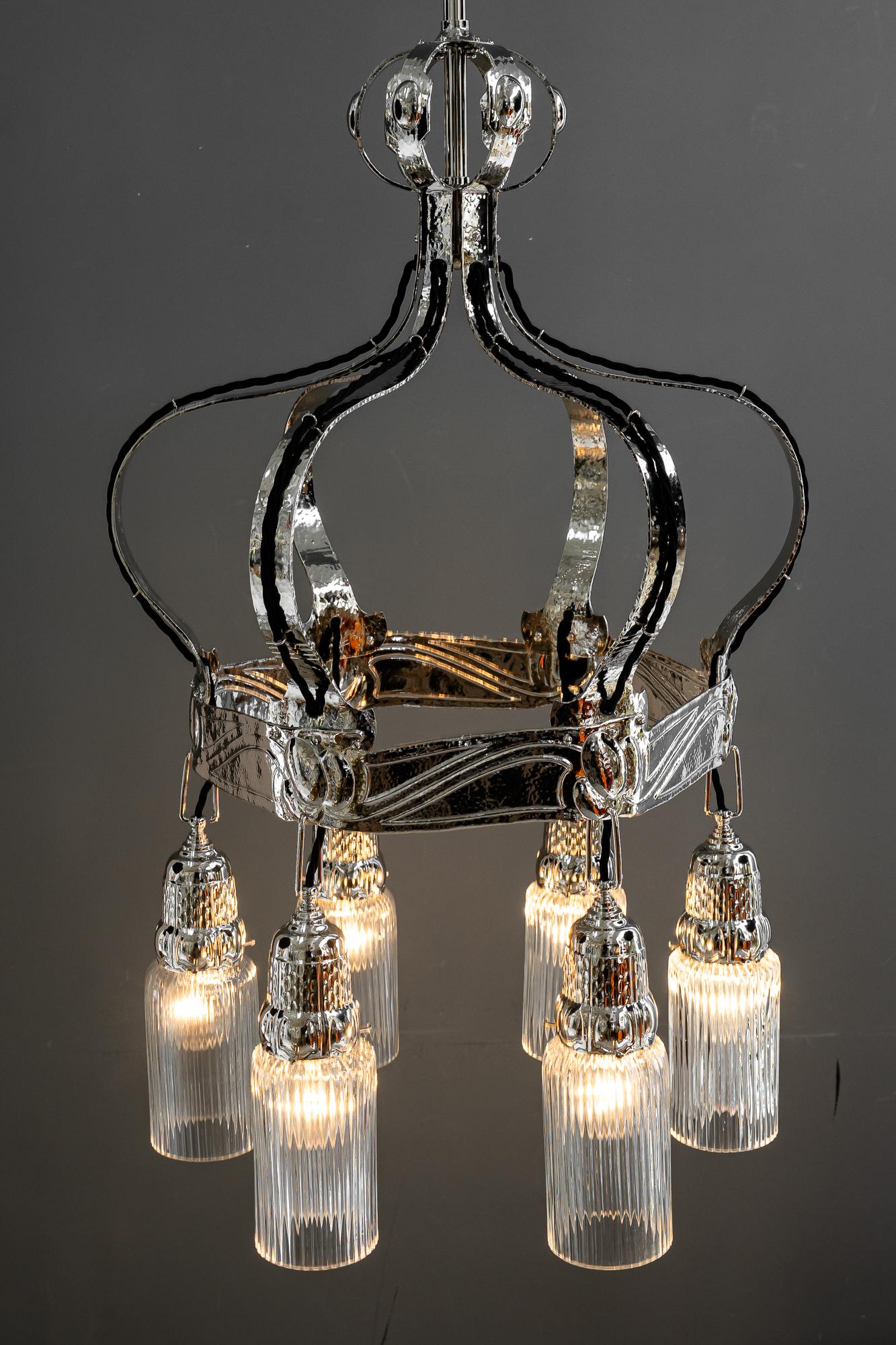Partly hammered jugendstil copper (nickel - plated) chandelier around 1908 For Sale 10