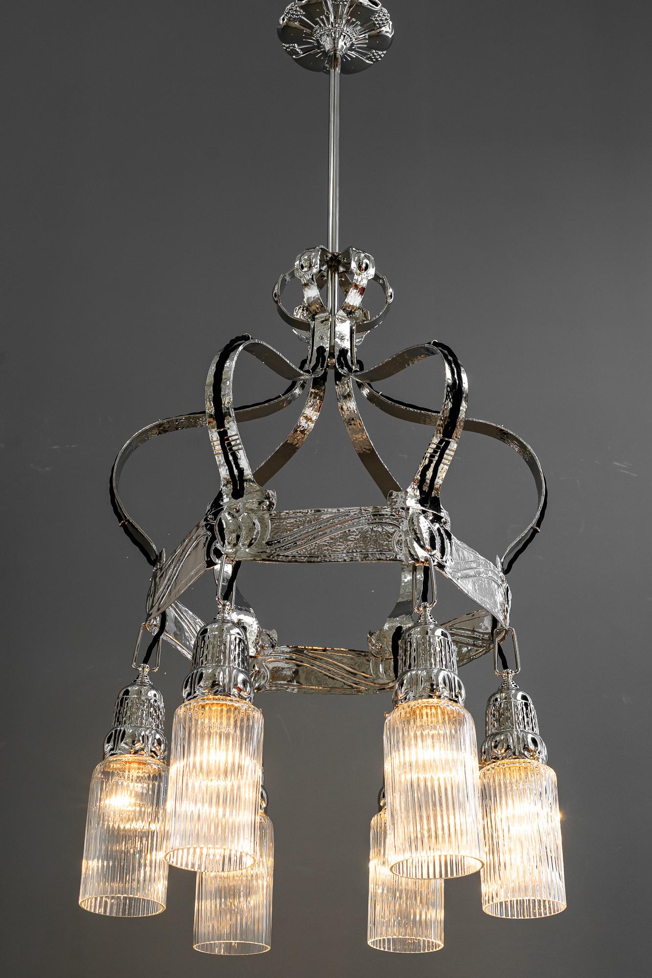 Partly hammered jugendstil copper (nickel - plated) chandelier around 1908 For Sale 11
