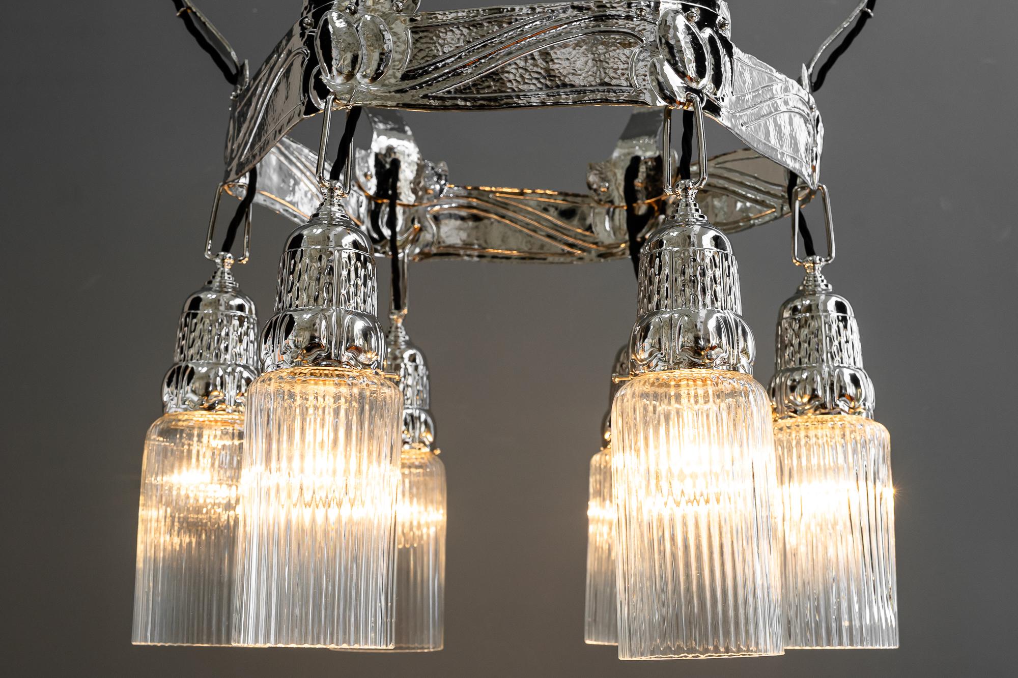 Partly hammered jugendstil copper (nickel - plated) chandelier around 1908 For Sale 12