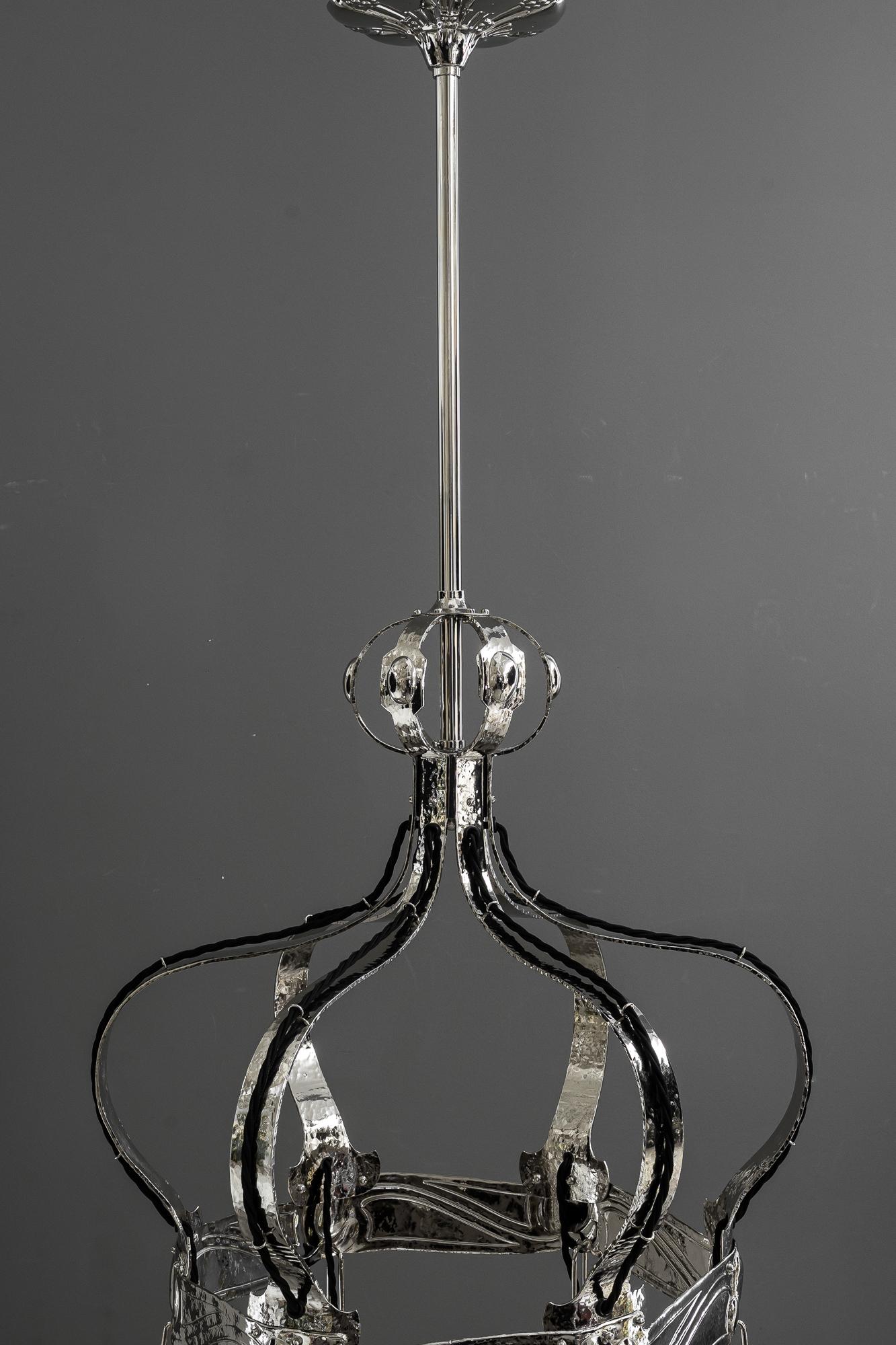 Jugendstil Partly hammered jugendstil copper (nickel - plated) chandelier around 1908 For Sale