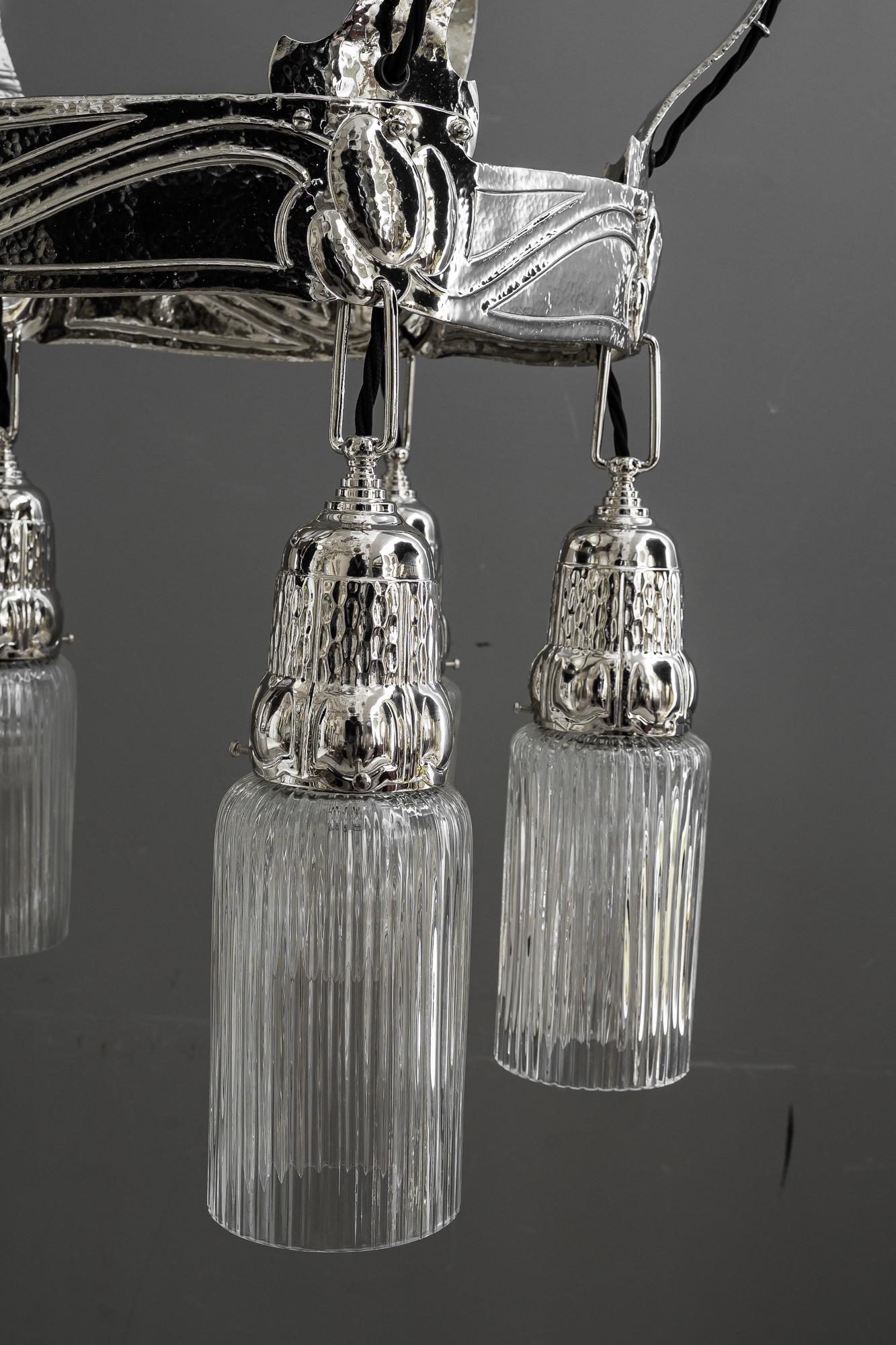 Austrian Partly hammered jugendstil copper (nickel - plated) chandelier around 1908 For Sale