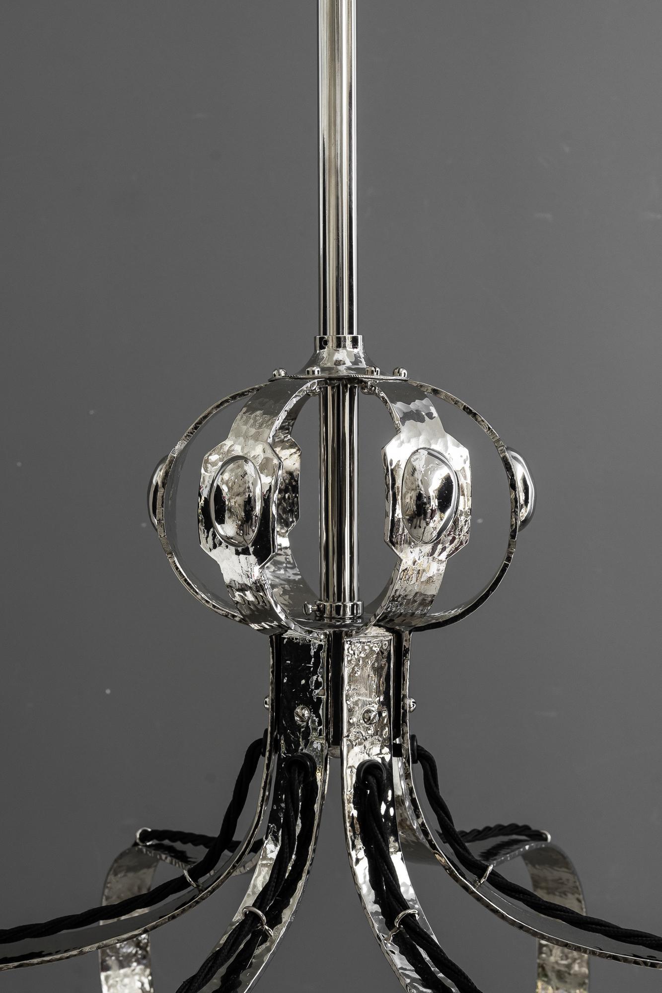 Hammered Partly hammered jugendstil copper (nickel - plated) chandelier around 1908 For Sale