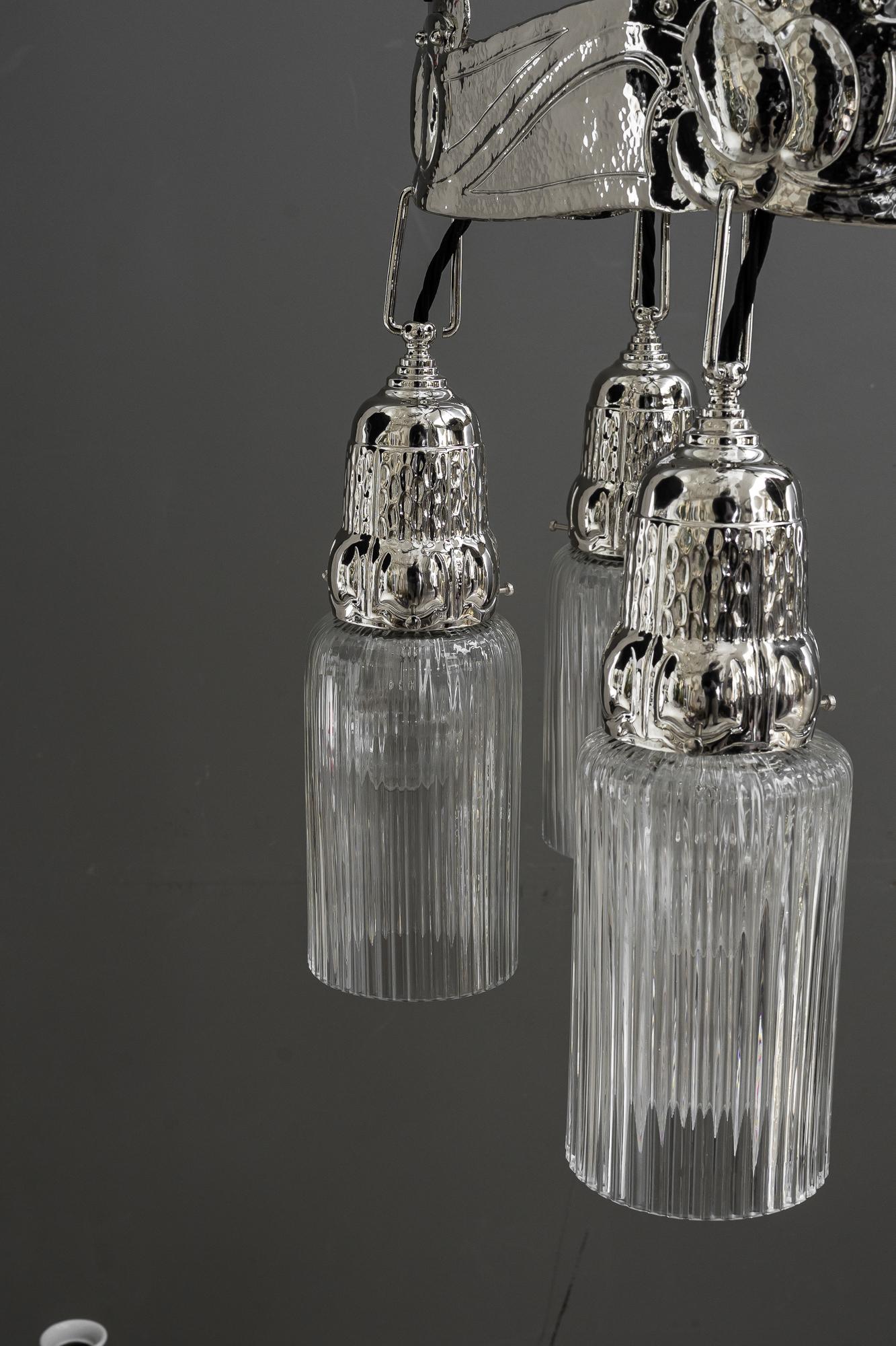 Early 20th Century Partly hammered jugendstil copper (nickel - plated) chandelier around 1908 For Sale