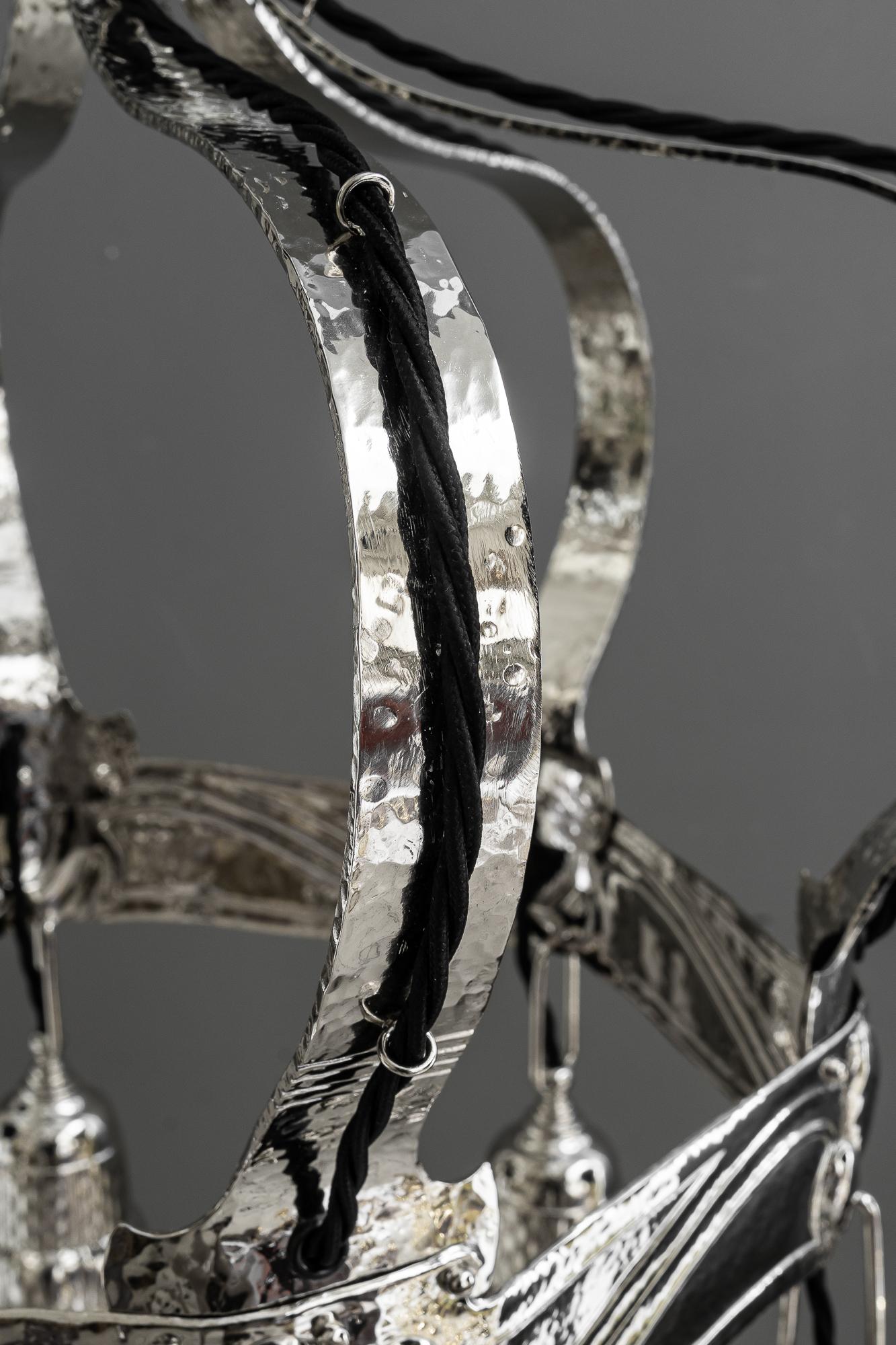 Copper Partly hammered jugendstil copper (nickel - plated) chandelier around 1908 For Sale