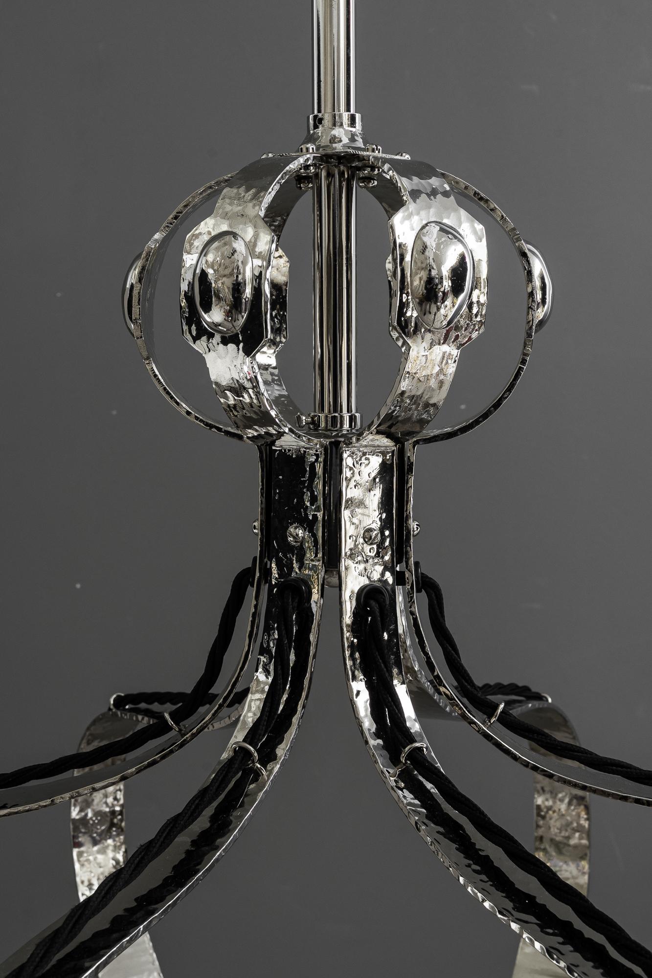 Partly hammered jugendstil copper (nickel - plated) chandelier around 1908 For Sale 1