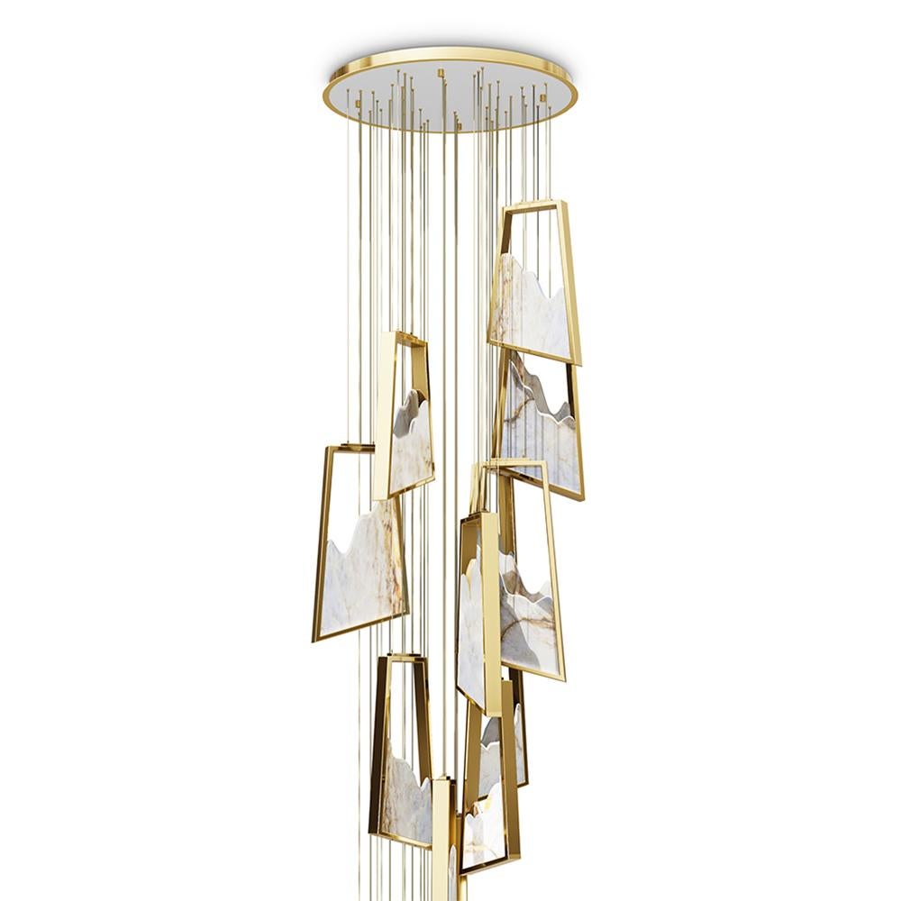 Chandelier Partner with solid brass pendants frames in gold-plated
finish with white marble parts inside each brass frame. With LED stips
lighting system inside each brass frame. For 220-240V.
With adjustable cord height: 500 cm.
