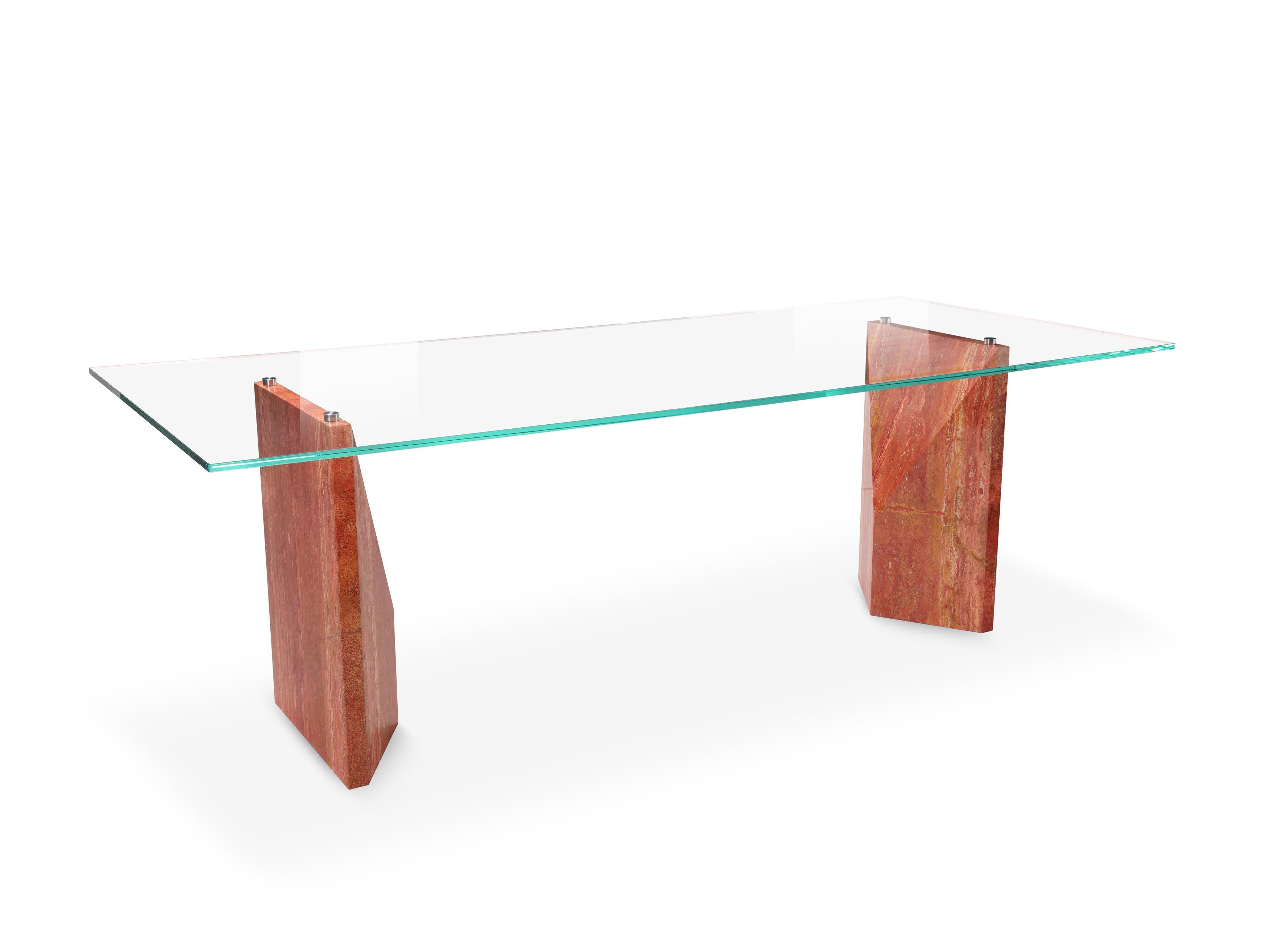 Minimalist Minimal Writing desk Office Table Red Travertine Marble Crystal Glass Italy For Sale