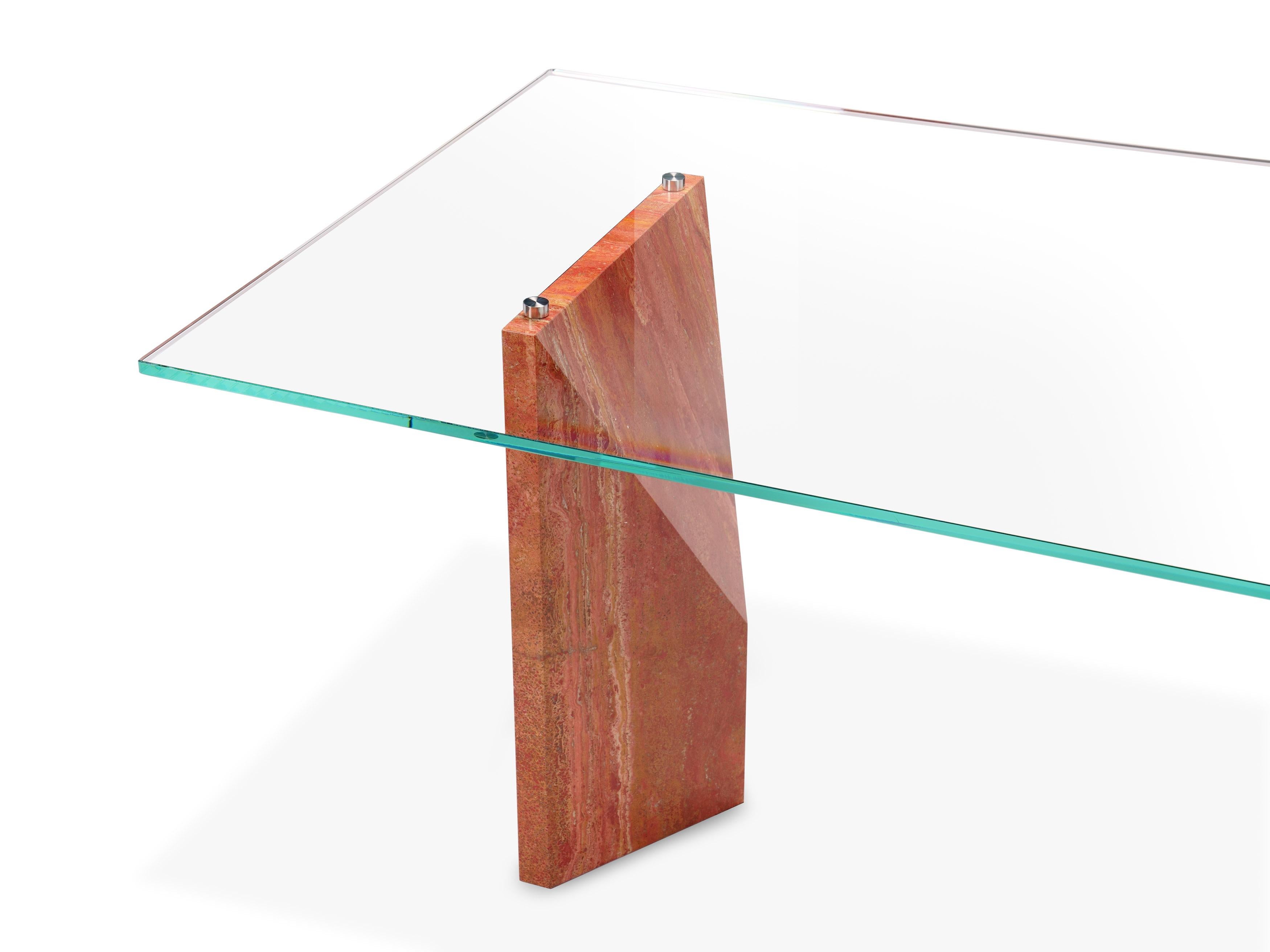 Minimalist Minimal Writing desk Office Table Red Travertine Marble Crystal Glass Italy For Sale