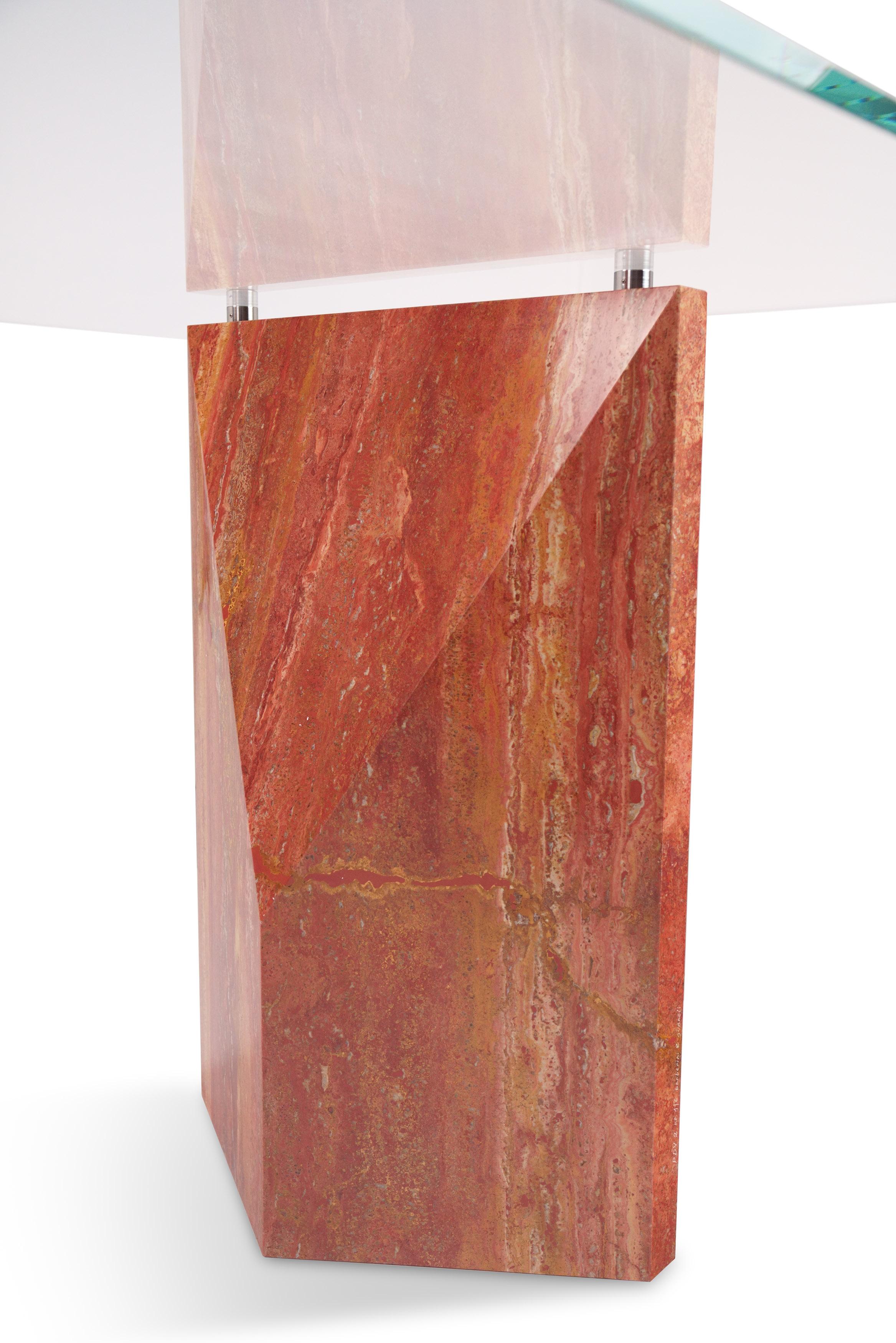 Carved Minimal Writing desk Office Table Red Travertine Marble Crystal Glass Italy For Sale