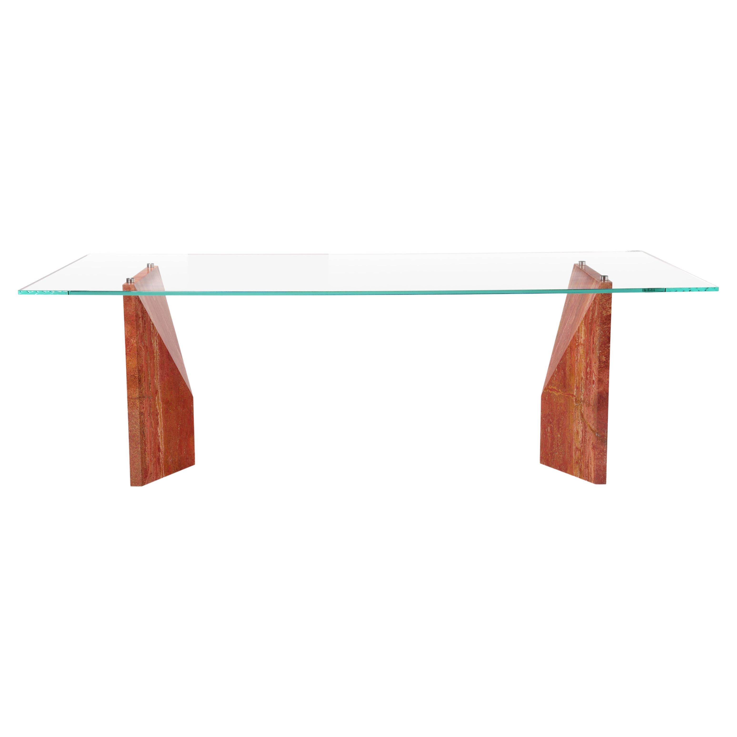 Minimal Writing desk Office Table Red Travertine Marble Crystal Glass Italy For Sale