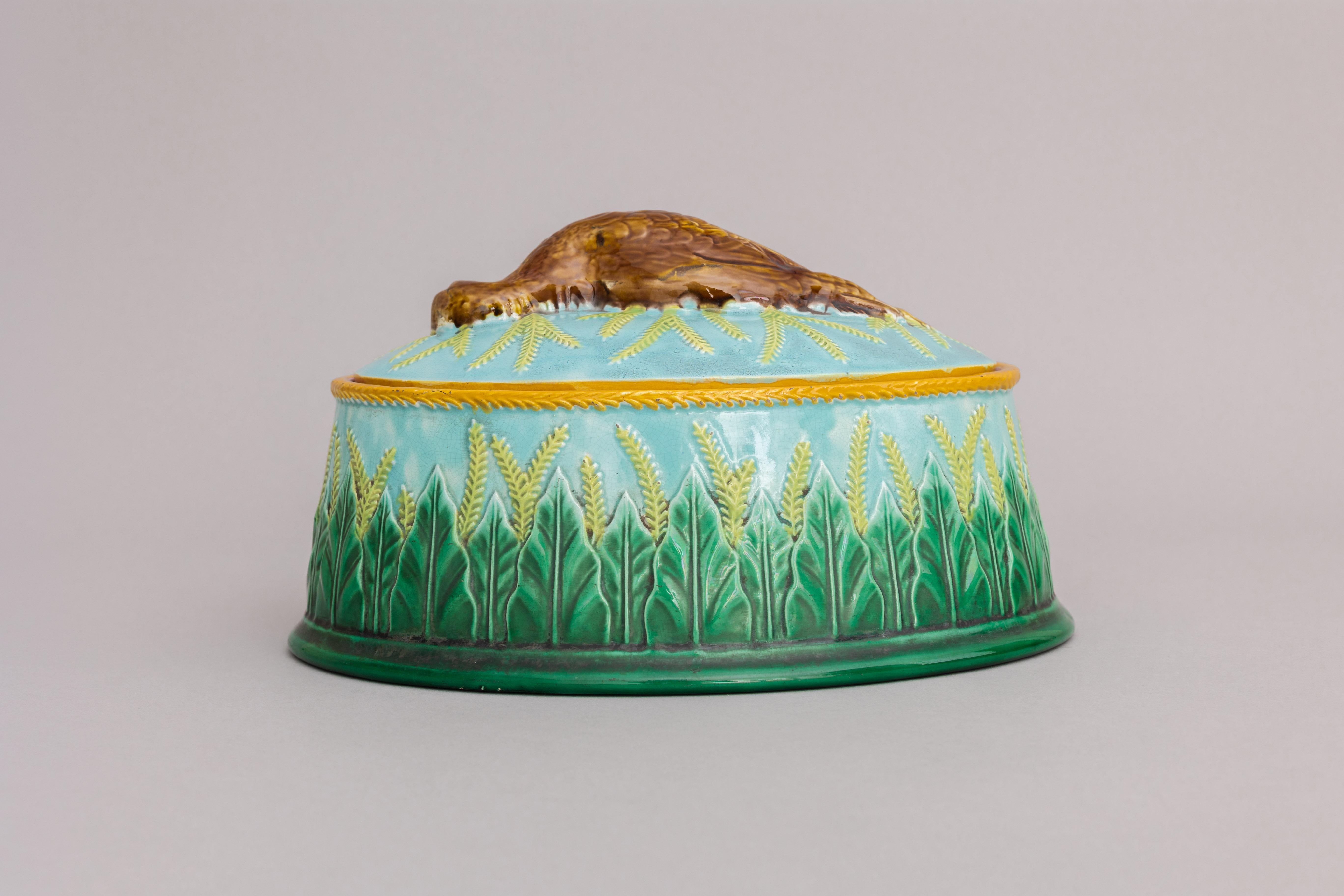 Victorian Partridge Majolica Game Pie Dish Made by George Jones, Ca. 1867 For Sale