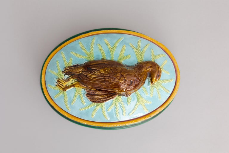 Glazed Partridge Majolica Game Pie Dish Made by George Jones, Ca. 1867 For Sale
